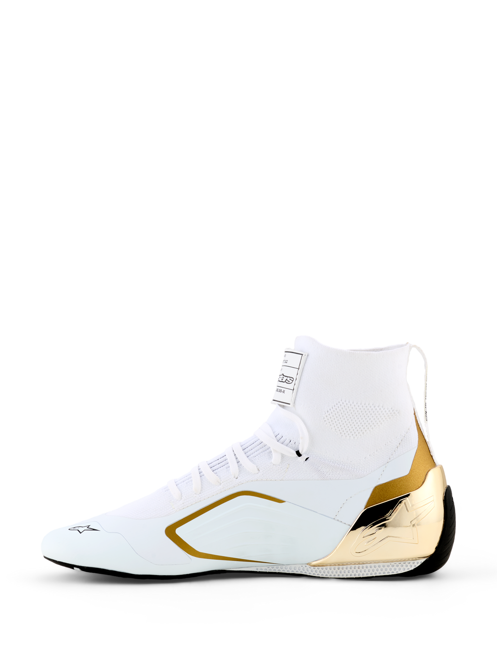 Alpinestars Supertech K Shoes - FIA, sapatos de karting, branco e dourado, perfil lateral com parte superior tricotada branca, contraforte do calcanhar em TPU injetado dourado metálico e detalhes laterais dourados, design de corrida elegante para desporto motorizado profissional
