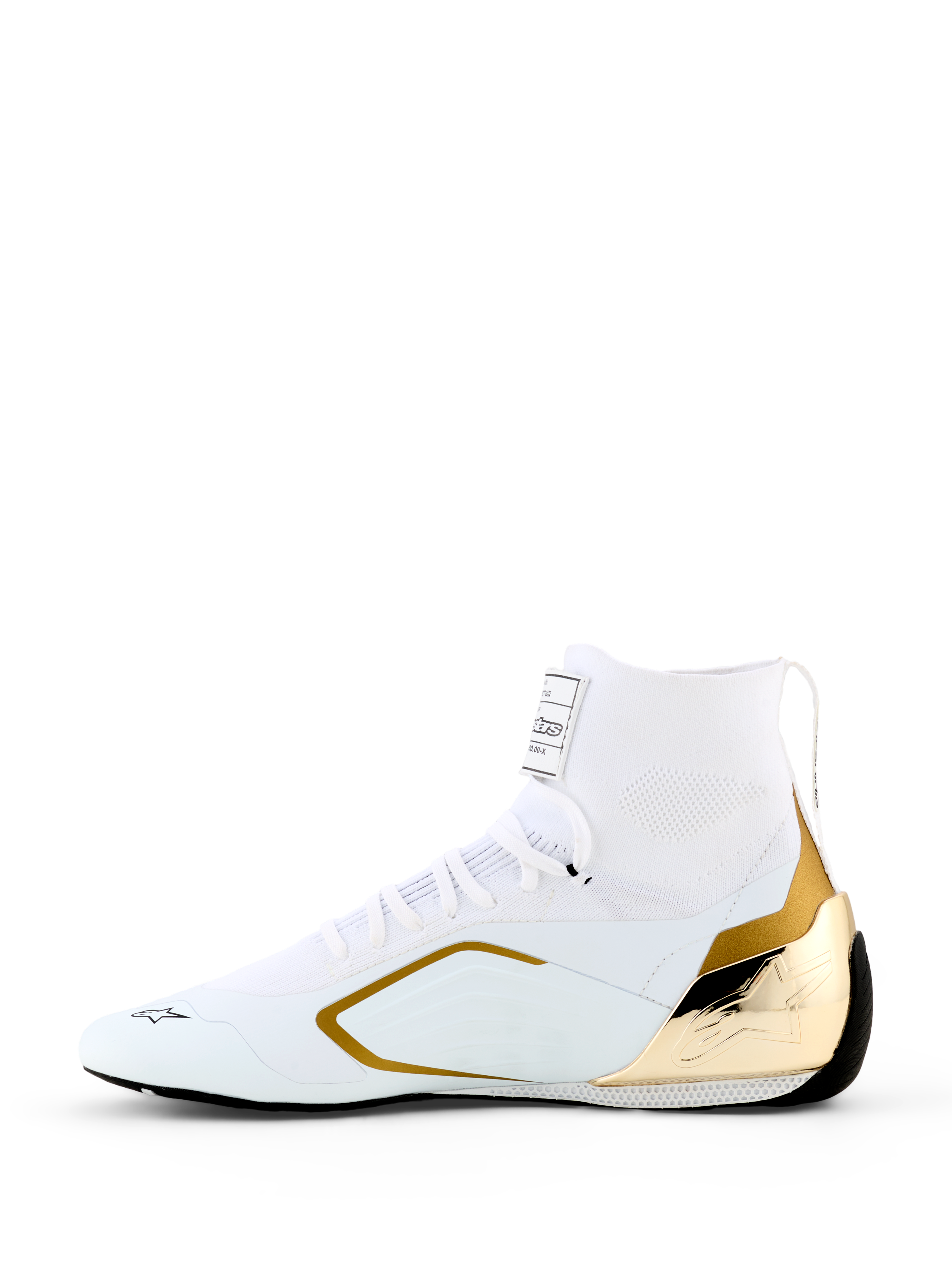 Alpinestars Supertech K Shoes - FIA, sapatos de karting, branco e dourado, perfil lateral com parte superior tricotada branca, contraforte do calcanhar em TPU injetado dourado metálico e detalhes laterais dourados, design de corrida elegante para desporto motorizado profissional