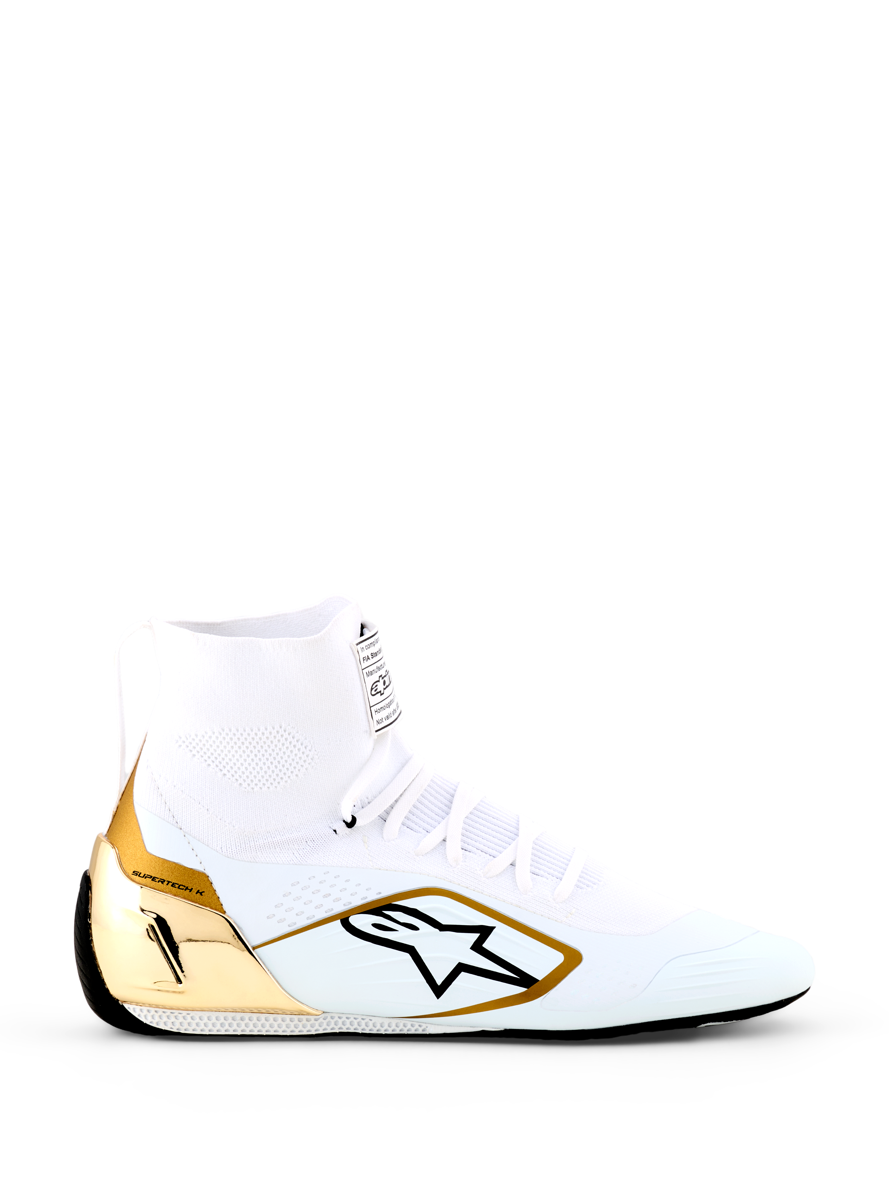 Alpinestars Supertech K Shoes - FIA, sapatos de karting brancos e dourados, design de cano alto com parte superior totalmente tricotada, contraforte de calcanhar em TPU dourado metálico, logótipo de estrela Alpinestars preto, sola de corrida ultra-fina, calçado profissional certificado pela FIA