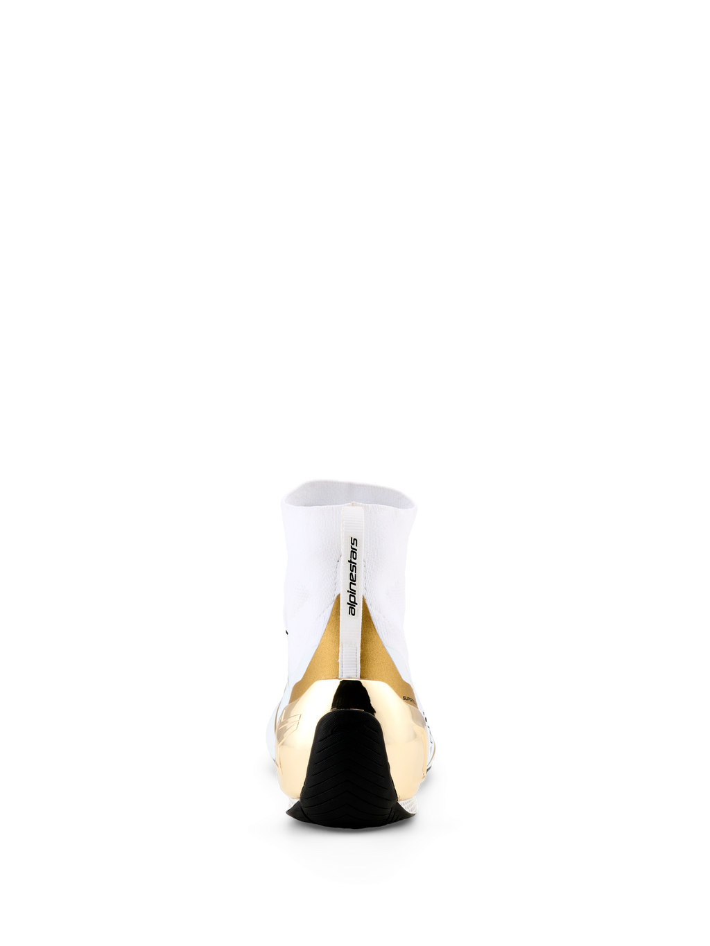 Sapatos Supertech K da Alpinestars - FIA, sapatos de karting, branco e dourado, vista traseira com contraforte de calcanhar em TPU injetado dourado metálico, parte superior em malha branca com puxador da marca e sola fina de borracha preta.