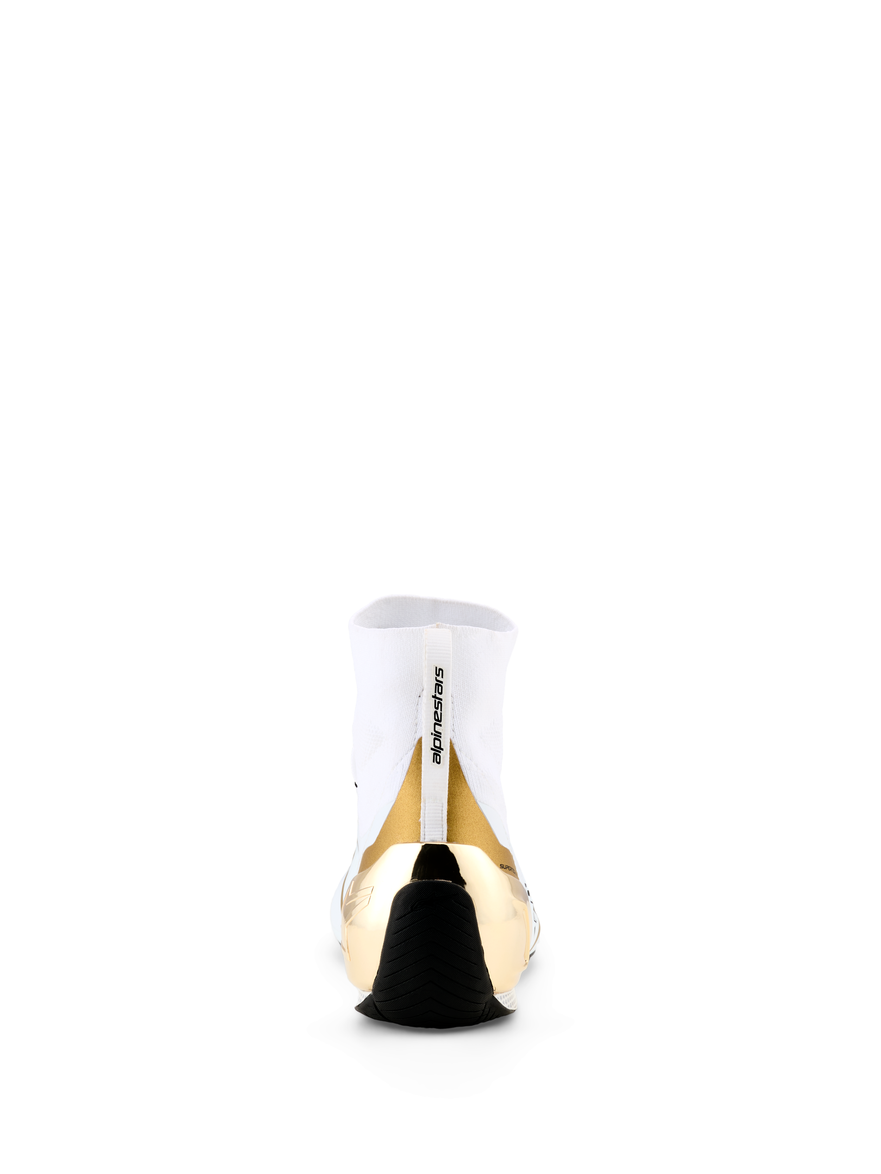 Sapatos Supertech K da Alpinestars - FIA, sapatos de karting, branco e dourado, vista traseira com contraforte de calcanhar em TPU injetado dourado metálico, parte superior em malha branca com puxador da marca e sola fina de borracha preta.