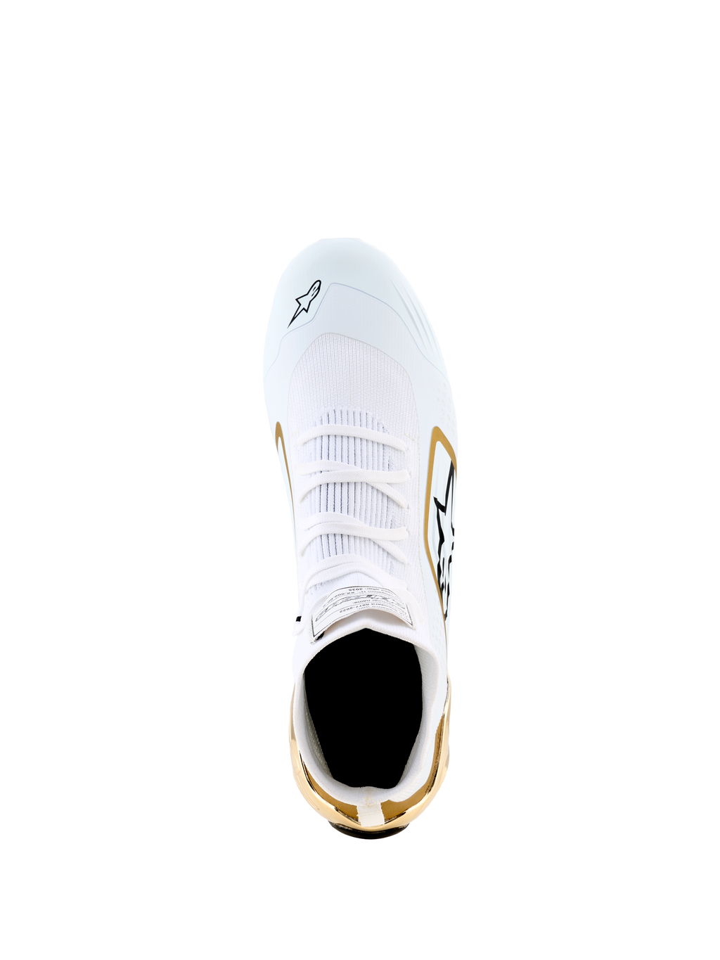 Sapatos Alpinestars Supertech K - FIA, branco, preto e dourado, vista superior mostrando a parte superior em malha branca com detalhes dourados no calcanhar e laterais, pormenores do logótipo em preto, calçado de karting de alta performance