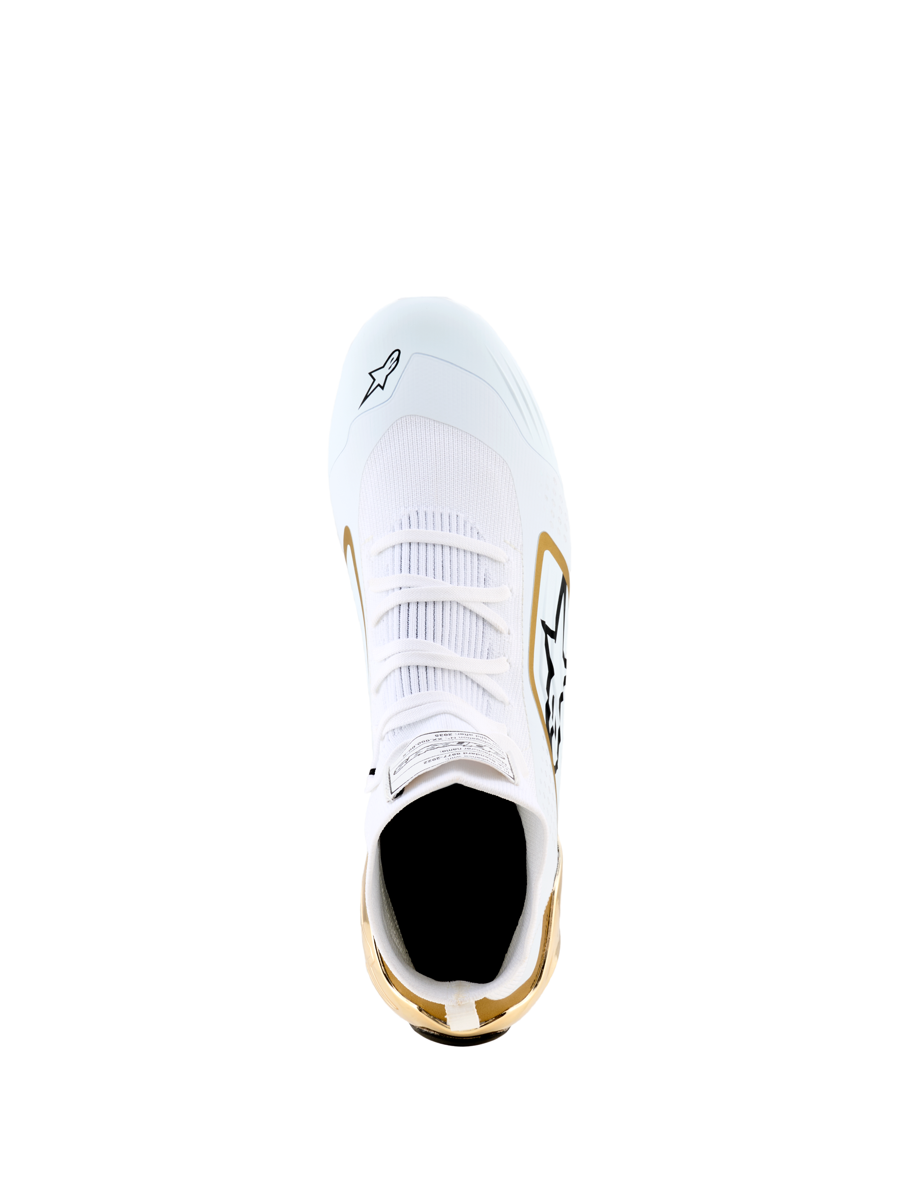 Sapatos Alpinestars Supertech K - FIA, branco, preto e dourado, vista superior mostrando a parte superior em malha branca com detalhes dourados no calcanhar e laterais, pormenores do logótipo em preto, calçado de karting de alta performance