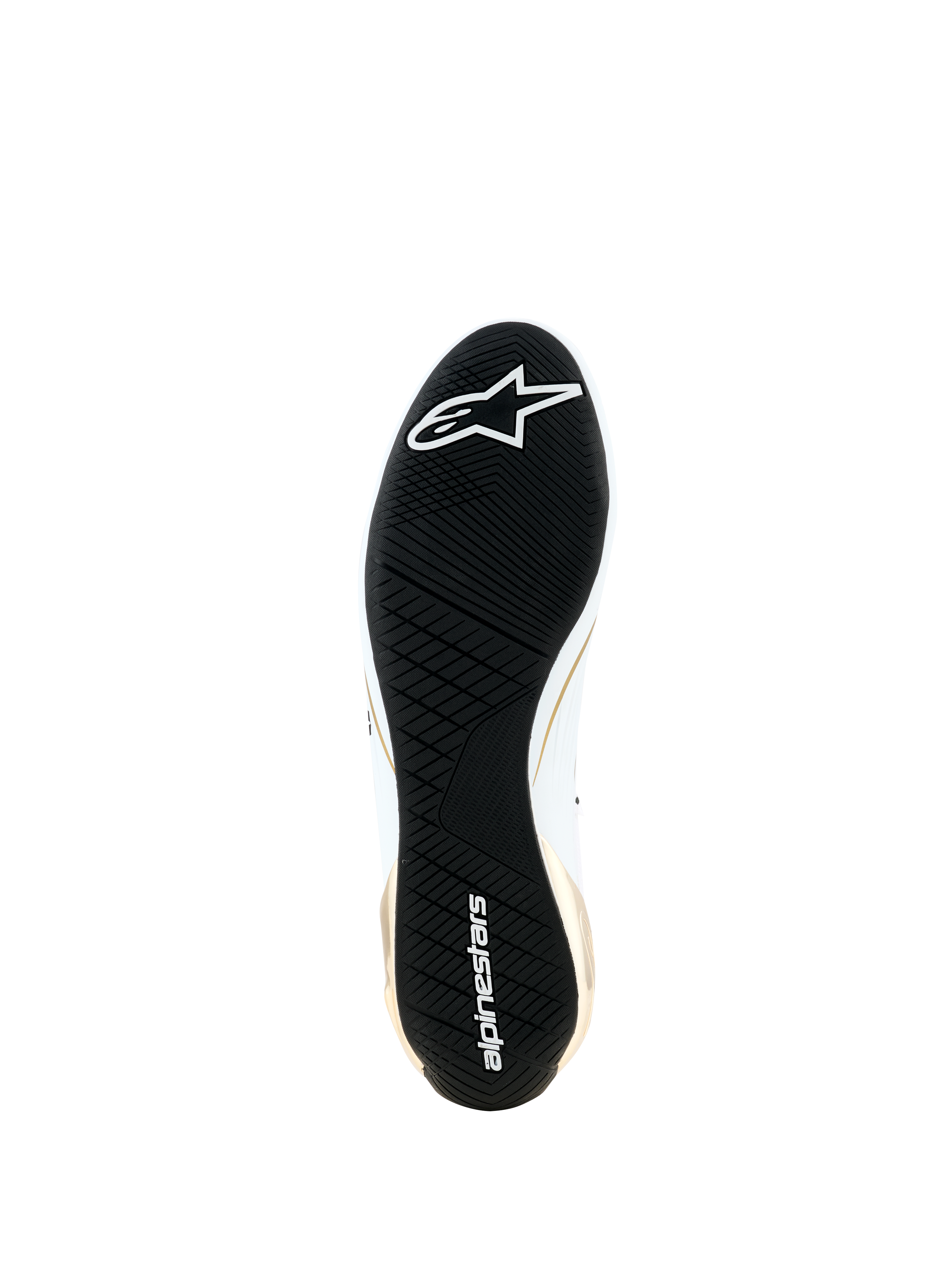 Sapatos Alpinestars Supertech K - FIA, vista inferior mostrando a sola de borracha preta ultra-fina, padrão de rasto assimétrico para aderência, logótipo e marca nominativa Alpinestars em branco, detalhes laterais dourados e brancos, calçado especializado para karting
