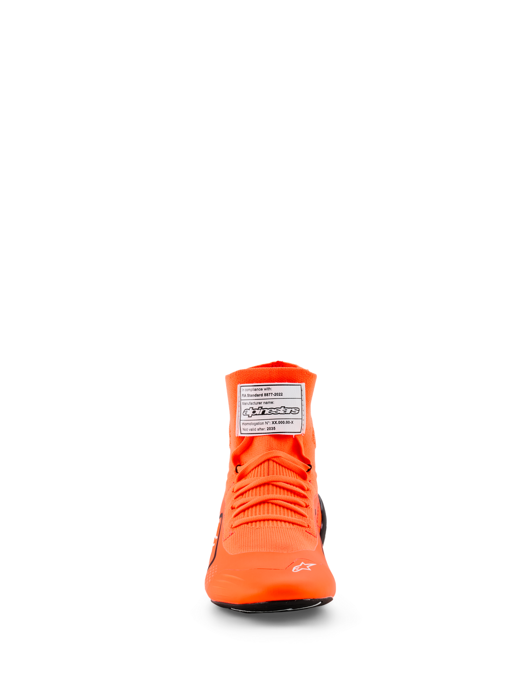 Sapatos Alpinestars Supertech K - FIA, sapatos de karting, laranja fluo, vista frontal com parte superior em malha e atacadores laranja a condizer, etiqueta branca de certificação FIA na língua e pequeno logótipo de estrela branco na biqueira
