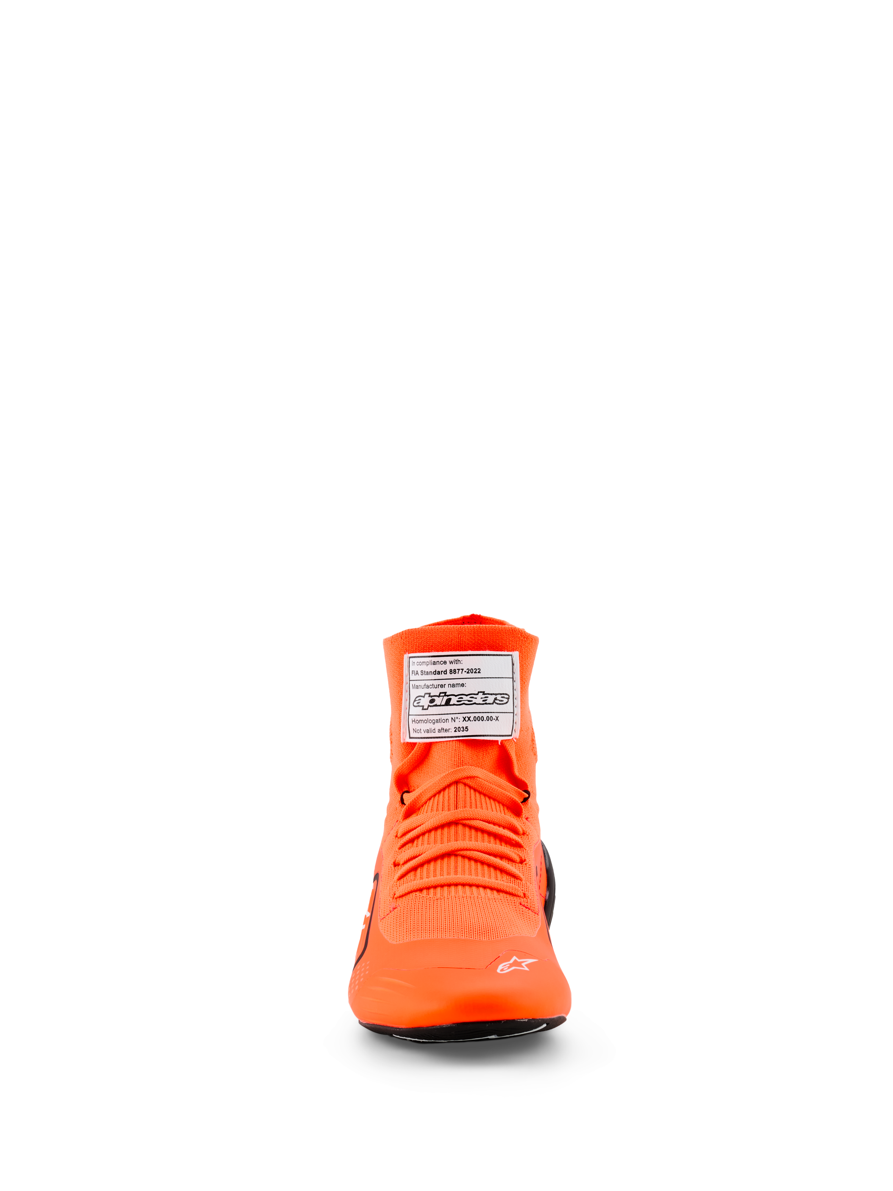 Sapatos Alpinestars Supertech K - FIA, sapatos de karting, laranja fluo, vista frontal com parte superior em malha e atacadores laranja a condizer, etiqueta branca de certificação FIA na língua e pequeno logótipo de estrela branco na biqueira