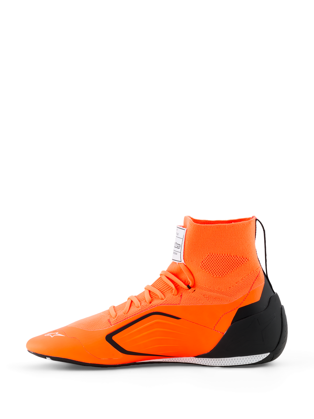 Alpinestars Supertech K Shoes - FIA, sapatos de corrida para karting, laranja fluo, preto e branco, vista lateral com parte superior em malha sem costuras, colarinho de tornozelo integrado, contraforte de calcanhar em TPU preto e sola exterior de performance ultra-fina
