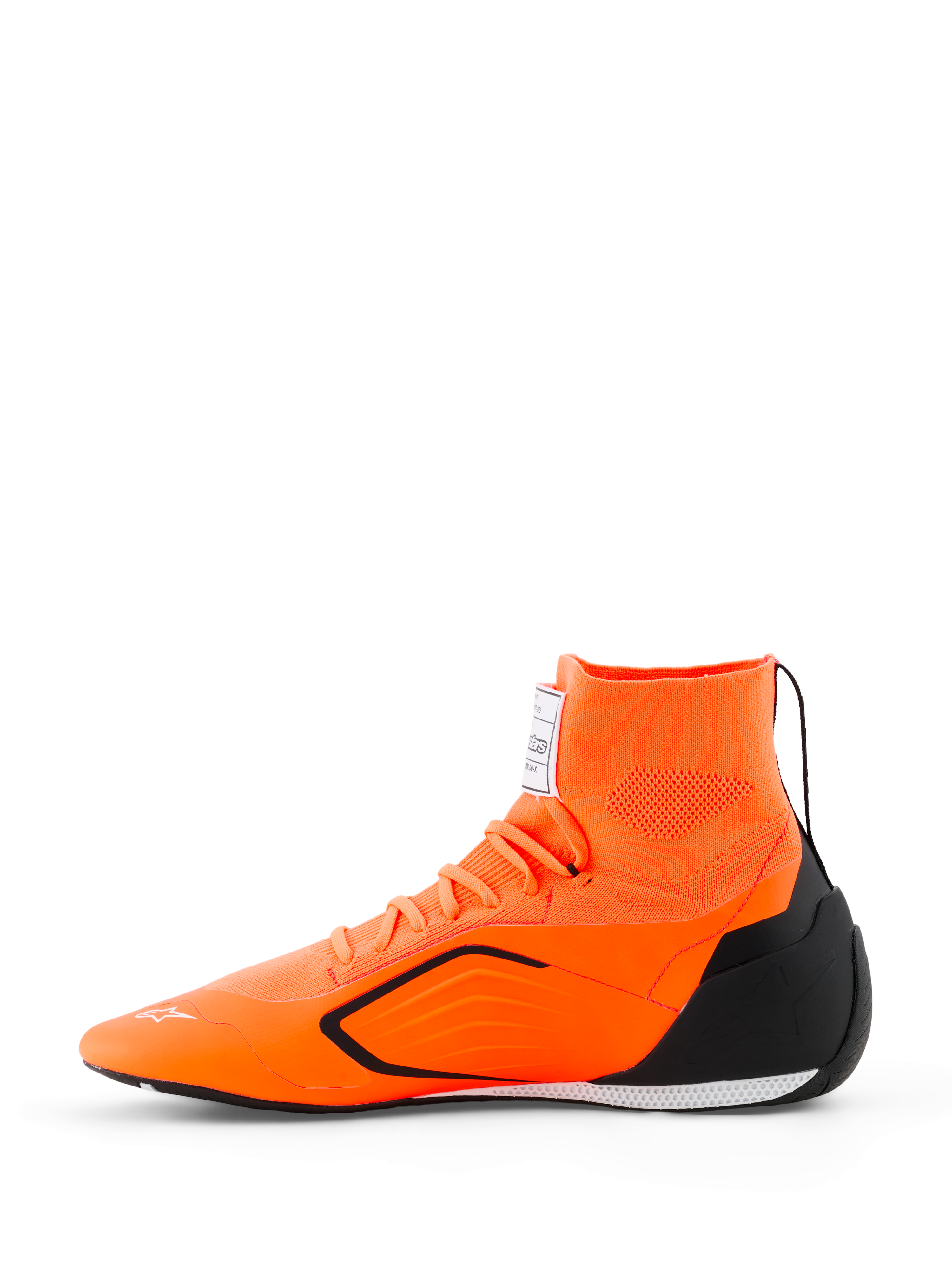 Alpinestars Supertech K Shoes - FIA, sapatos de corrida para karting, laranja fluo, preto e branco, vista lateral com parte superior em malha sem costuras, colarinho de tornozelo integrado, contraforte de calcanhar em TPU preto e sola exterior de performance ultra-fina