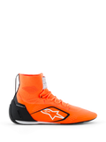 Sapatos Alpinestars Supertech K - FIA, sapatos de corrida para karting, cor Laranja Fluo com detalhes em preto e branco, construção de cano alto em malha com logótipo de estrela branca, contraforte do calcanhar em TPU preto, sola de corrida ultra-fina, vista de perfil lateral