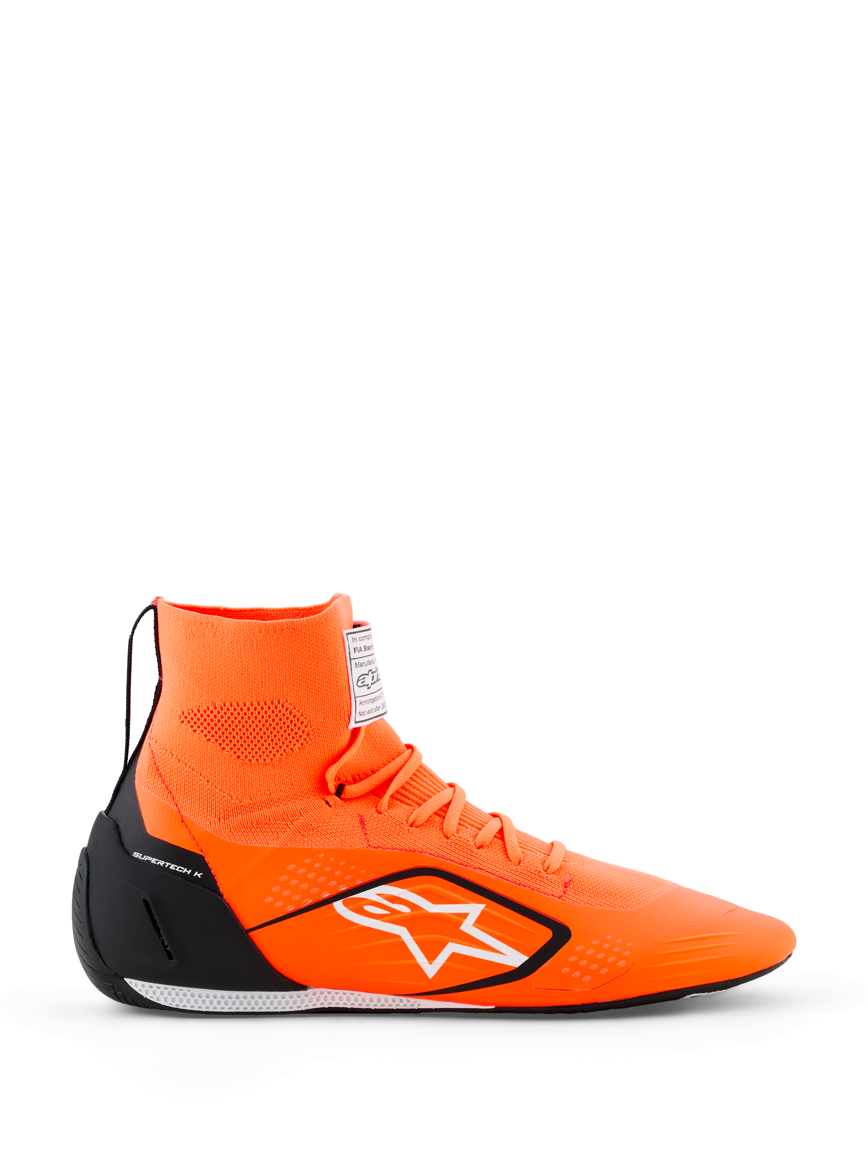 Sapatos Alpinestars Supertech K - FIA, sapatos de corrida para karting, cor Laranja Fluo com detalhes em preto e branco, construção de cano alto em malha com logótipo de estrela branca, contraforte do calcanhar em TPU preto, sola de corrida ultra-fina, vista de perfil lateral