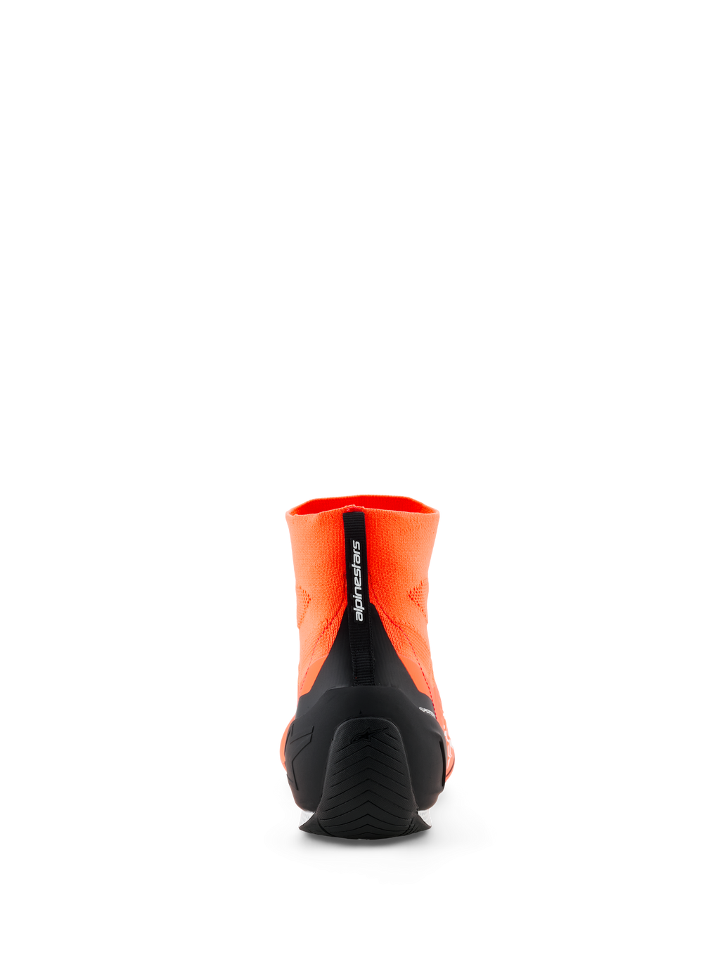 Sapatos Alpinestars Supertech K - FIA, sapatos de karting, laranja fluo e preto, vista traseira que mostra a parte superior tricotada, contraforte de calcanhar em TPU injetado preto e puxador vertical com a marca Alpinestars, calçado profissional de desportos motorizados.