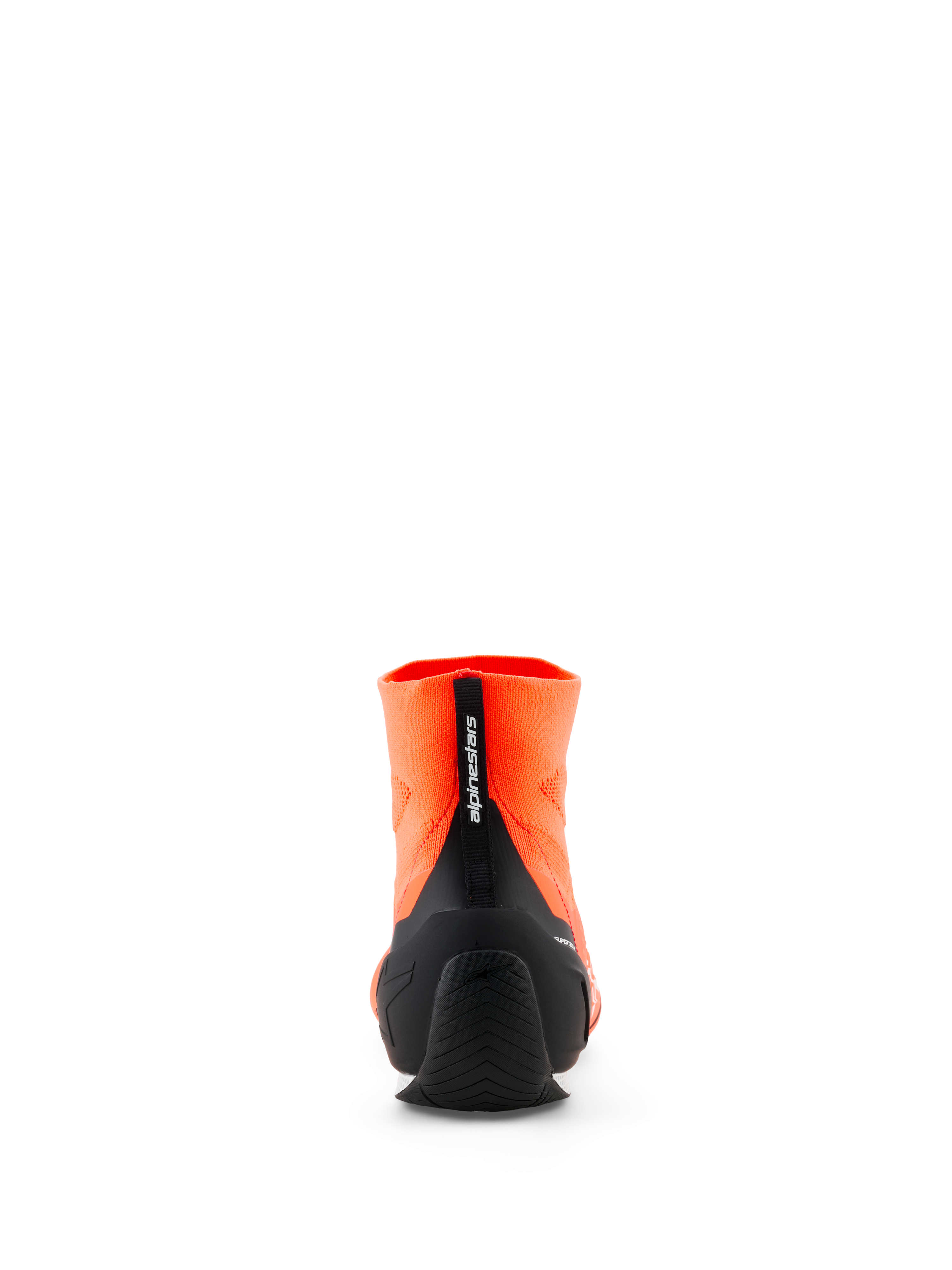 Sapatos Alpinestars Supertech K - FIA, sapatos de karting, laranja fluo e preto, vista traseira que mostra a parte superior tricotada, contraforte de calcanhar em TPU injetado preto e puxador vertical com a marca Alpinestars, calçado profissional de desportos motorizados.