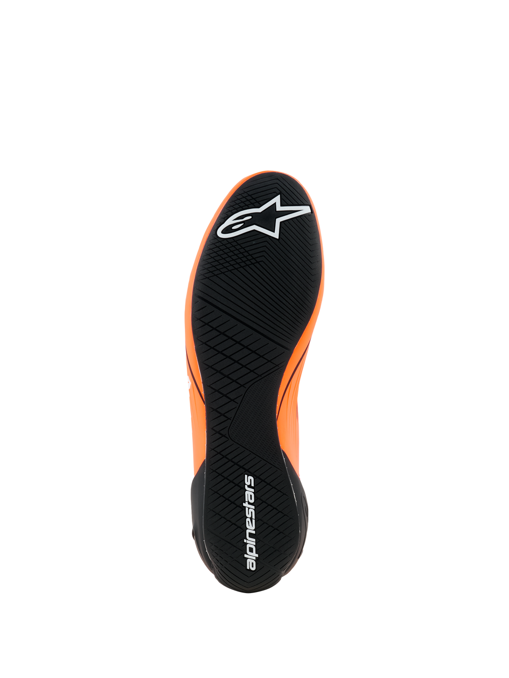 Alpinestars Supertech K Shoes - FIA, sapatos de karting, laranja fluorescente, preto e branco, vista da sola exterior de borracha preta com piso assimétrico, logótipos Alpinestars brancos na biqueira e no calcanhar, sola de alta performance ultra-fina