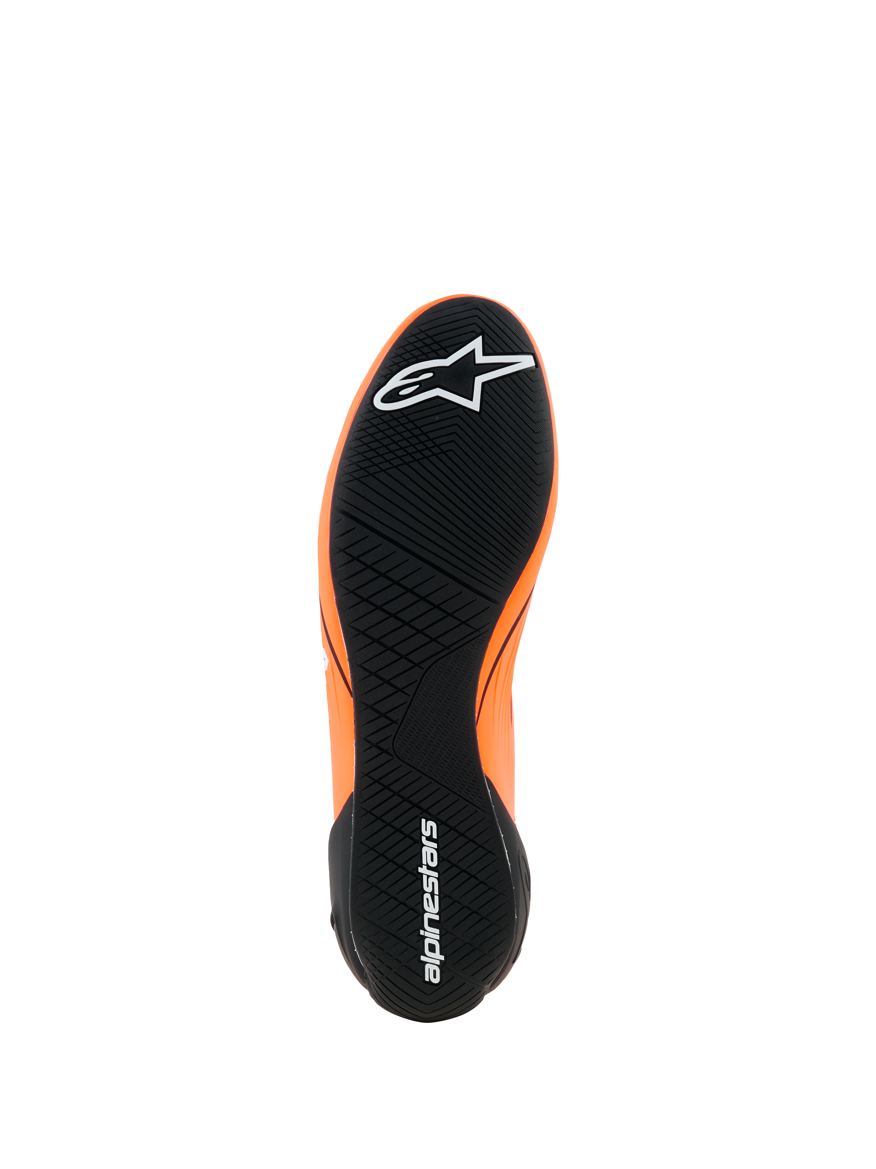Alpinestars Supertech K Shoes - FIA, sapatos de karting, laranja fluorescente, preto e branco, vista da sola exterior de borracha preta com piso assimétrico, logótipos Alpinestars brancos na biqueira e no calcanhar, sola de alta performance ultra-fina