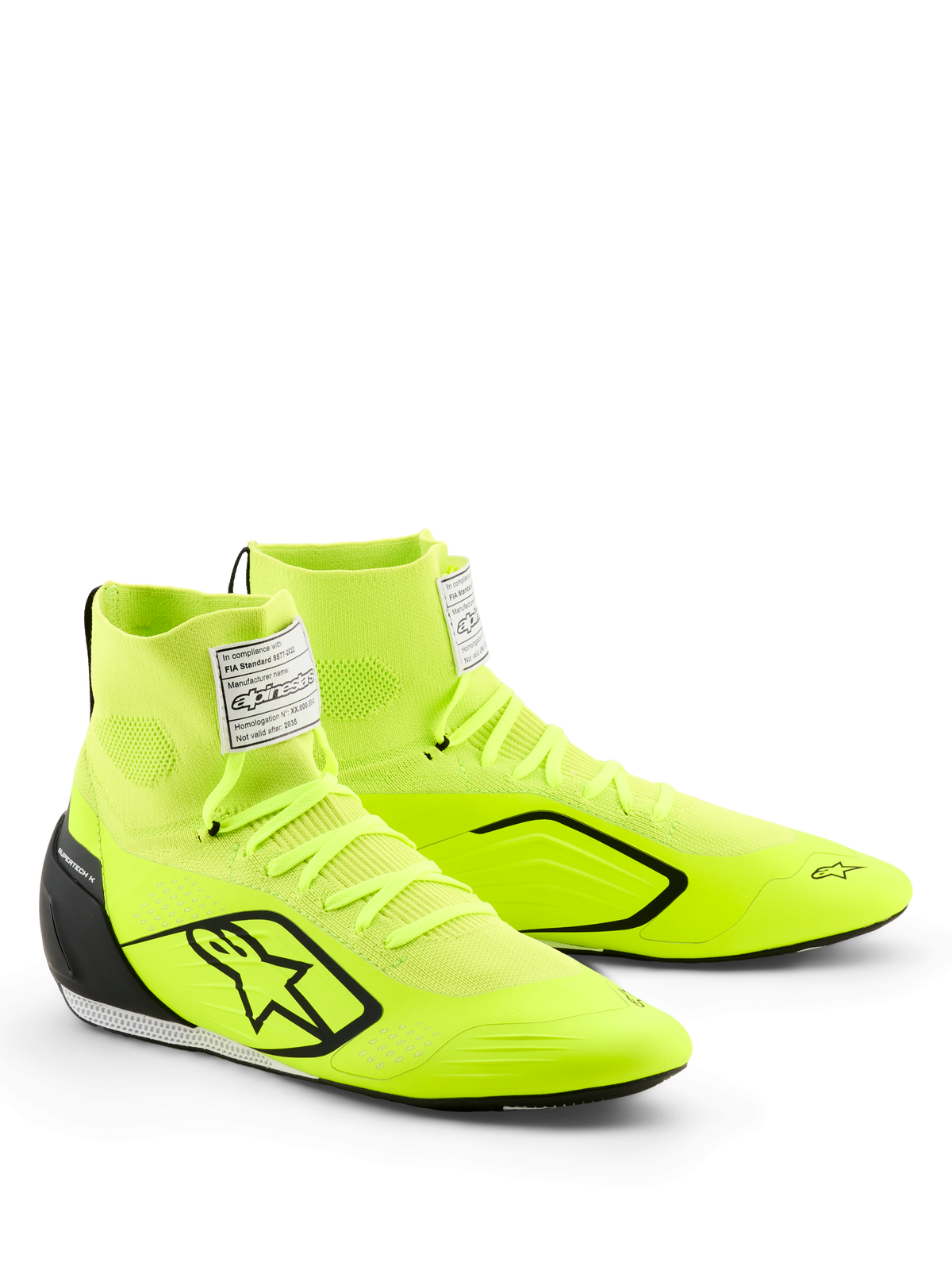 Sapatos Alpinestars Supertech K, sapatos de karting, amarelo fluorescente, preto e branco, com parte superior tricotada em amarelo néon vibrante, logótipo de estrela preta, contraforte de calcanhar em TPU injetado, etiqueta FIA branca na língua e design moderno para desportos motorizados