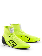 Sapatos Alpinestars Supertech K, sapatos de karting, amarelo fluorescente, preto e branco, com parte superior tricotada em amarelo néon vibrante, logótipo de estrela preta, contraforte de calcanhar em TPU injetado, etiqueta FIA branca na língua e design moderno para desportos motorizados