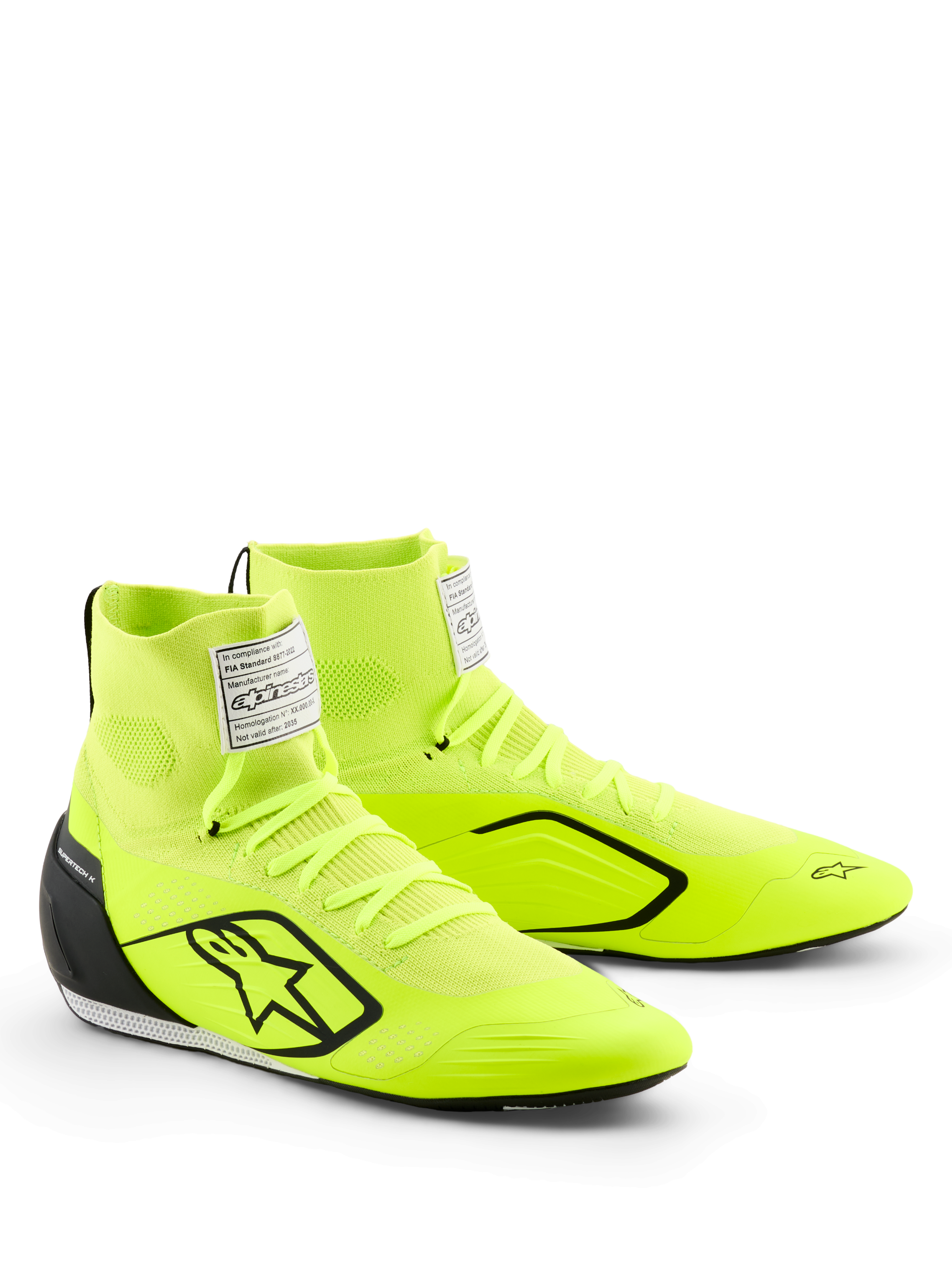 Sapatos Alpinestars Supertech K, sapatos de karting, amarelo fluorescente, preto e branco, com parte superior tricotada em amarelo néon vibrante, logótipo de estrela preta, contraforte de calcanhar em TPU injetado, etiqueta FIA branca na língua e design moderno para desportos motorizados