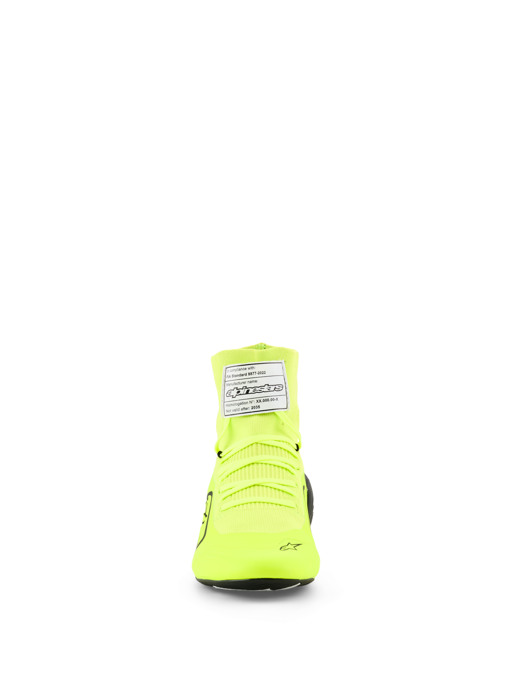 Sapatos Alpinestars Supertech K, sapatos de karting FIA, amarelo néon, preto e branco, vista frontal com construção superior em malha tricotada, atacadores amarelo néon e etiqueta de certificação FIA branca no tornozelo