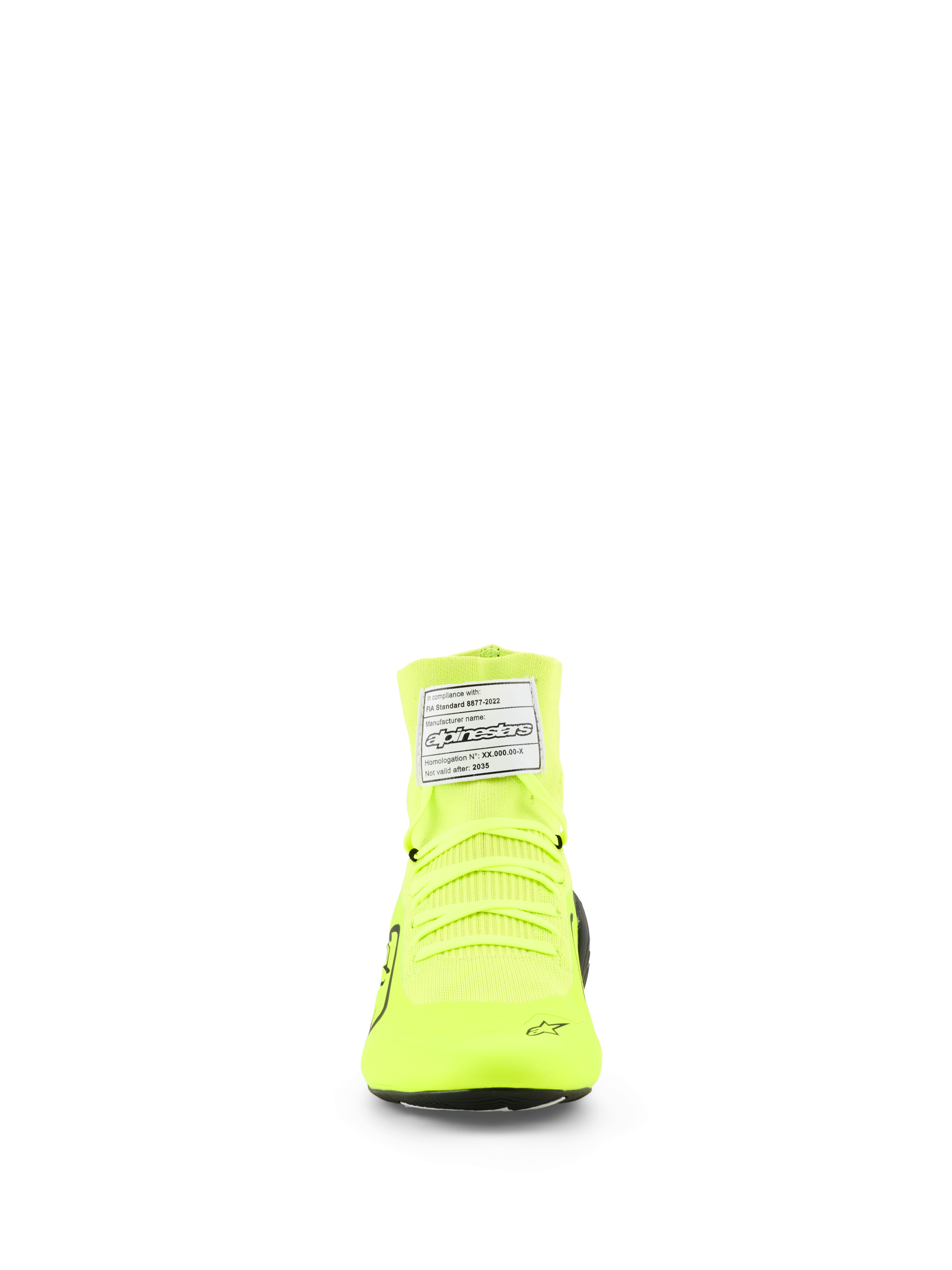 Sapatos Alpinestars Supertech K, sapatos de karting FIA, amarelo néon, preto e branco, vista frontal com construção superior em malha tricotada, atacadores amarelo néon e etiqueta de certificação FIA branca no tornozelo
