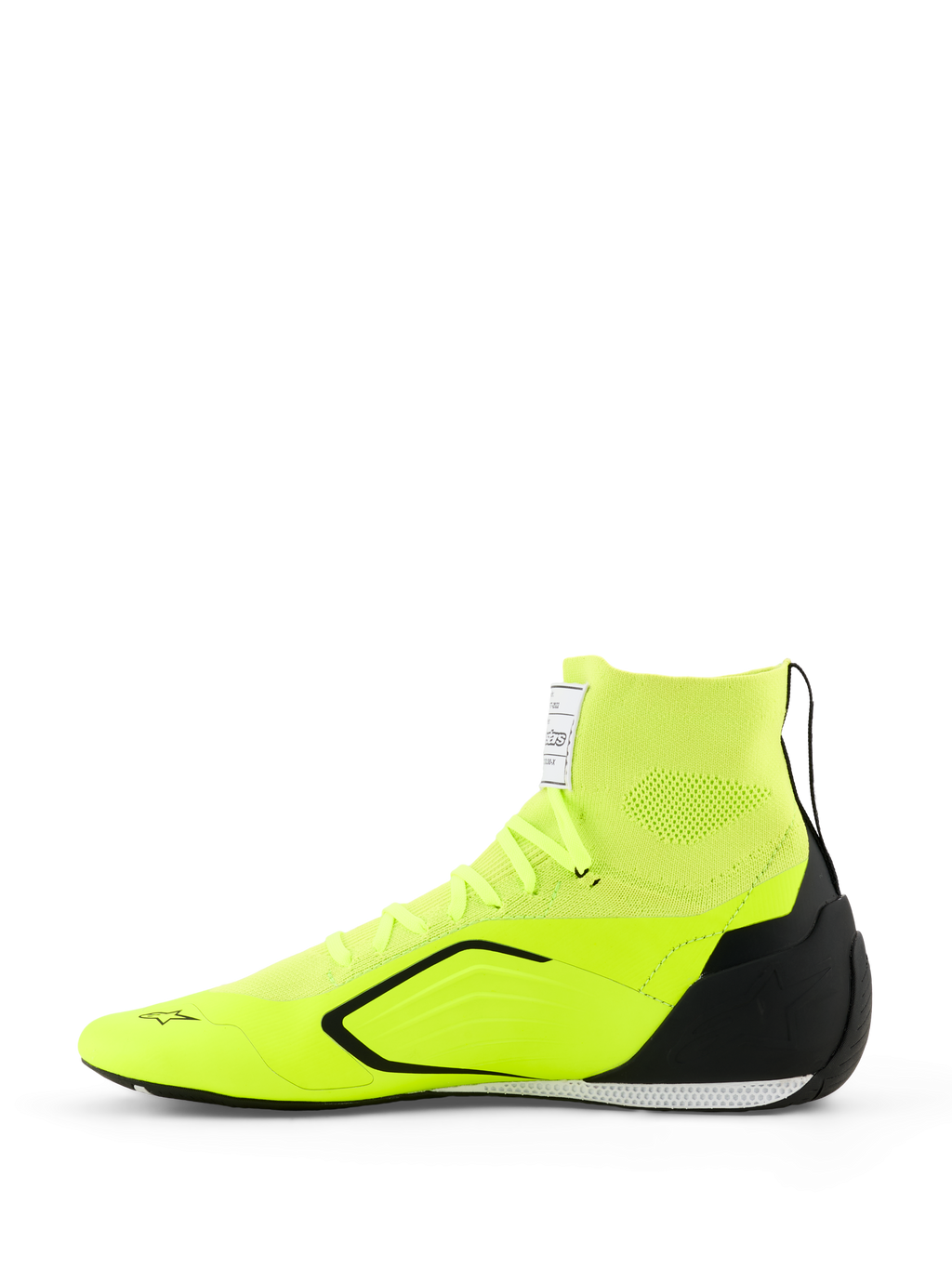 Sapatos Alpinestars Supertech K - FIA, sapatos de karting, amarelo néon, preto e branco, vista lateral com parte superior totalmente tricotada e colarinho tipo meia, contraforte de calcanhar em TPU preto, sola exterior fina branca e preta, e logótipo Alpinestars na biqueira e na língua