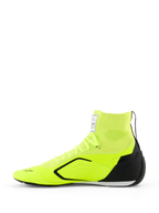 Sapatos Alpinestars Supertech K - FIA, sapatos de karting, amarelo néon, preto e branco, vista lateral com parte superior totalmente tricotada e colarinho tipo meia, contraforte de calcanhar em TPU preto, sola exterior fina branca e preta, e logótipo Alpinestars na biqueira e na língua