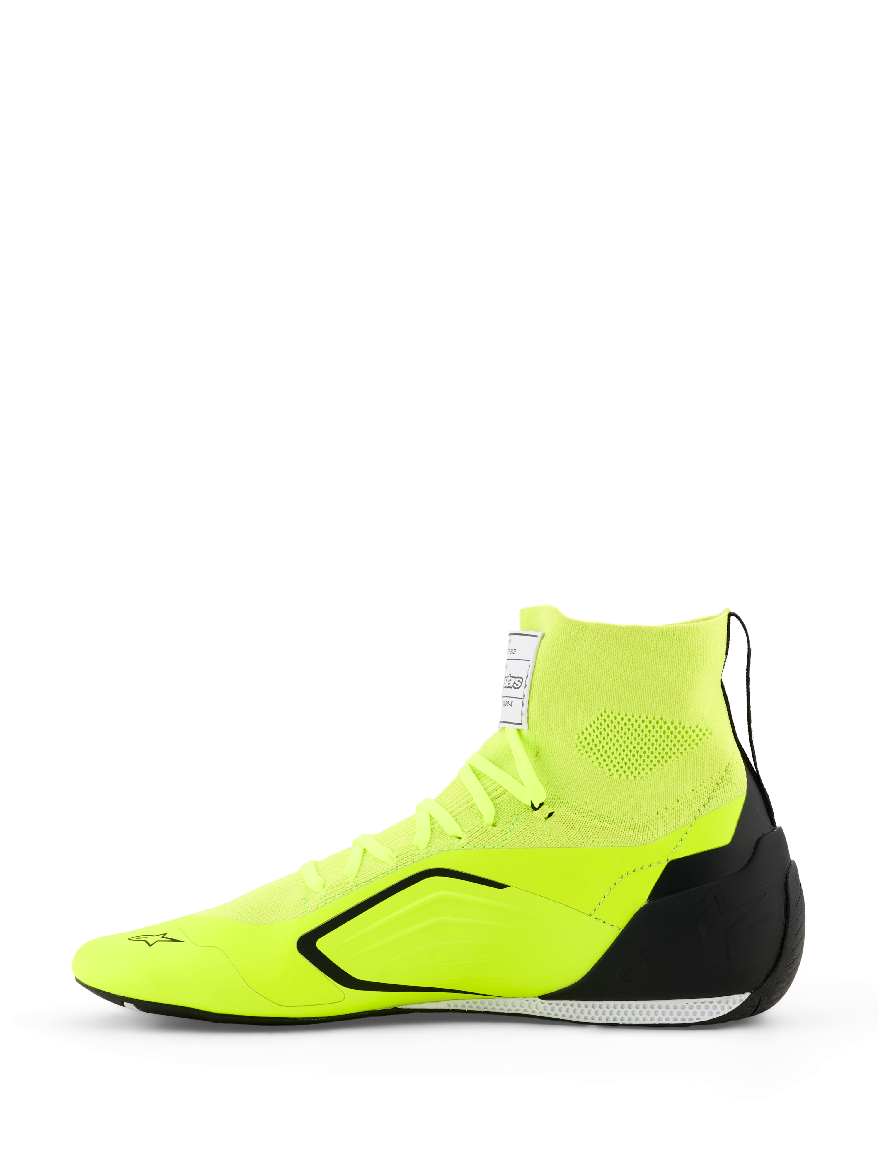 Sapatos Alpinestars Supertech K - FIA, sapatos de karting, amarelo néon, preto e branco, vista lateral com parte superior totalmente tricotada e colarinho tipo meia, contraforte de calcanhar em TPU preto, sola exterior fina branca e preta, e logótipo Alpinestars na biqueira e na língua