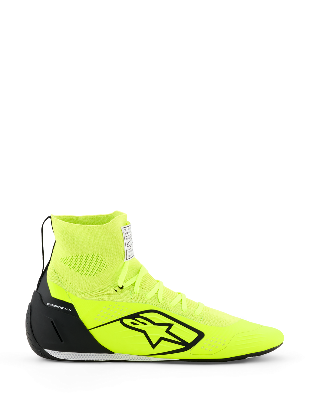 Sapatos Alpinestars Supertech K - FIA, sapatos de karting, amarelo néon e preto, vista de perfil lateral, parte superior totalmente tricotada com cano alto, contraforte de calcanhar em TPU preto, logótipo Alpinestars preto grande, calçado de corrida leve