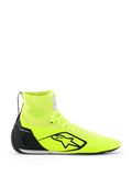 Sapatos Alpinestars Supertech K - FIA, sapatos de karting, amarelo néon e preto, vista de perfil lateral, parte superior totalmente tricotada com cano alto, contraforte de calcanhar em TPU preto, logótipo Alpinestars preto grande, calçado de corrida leve