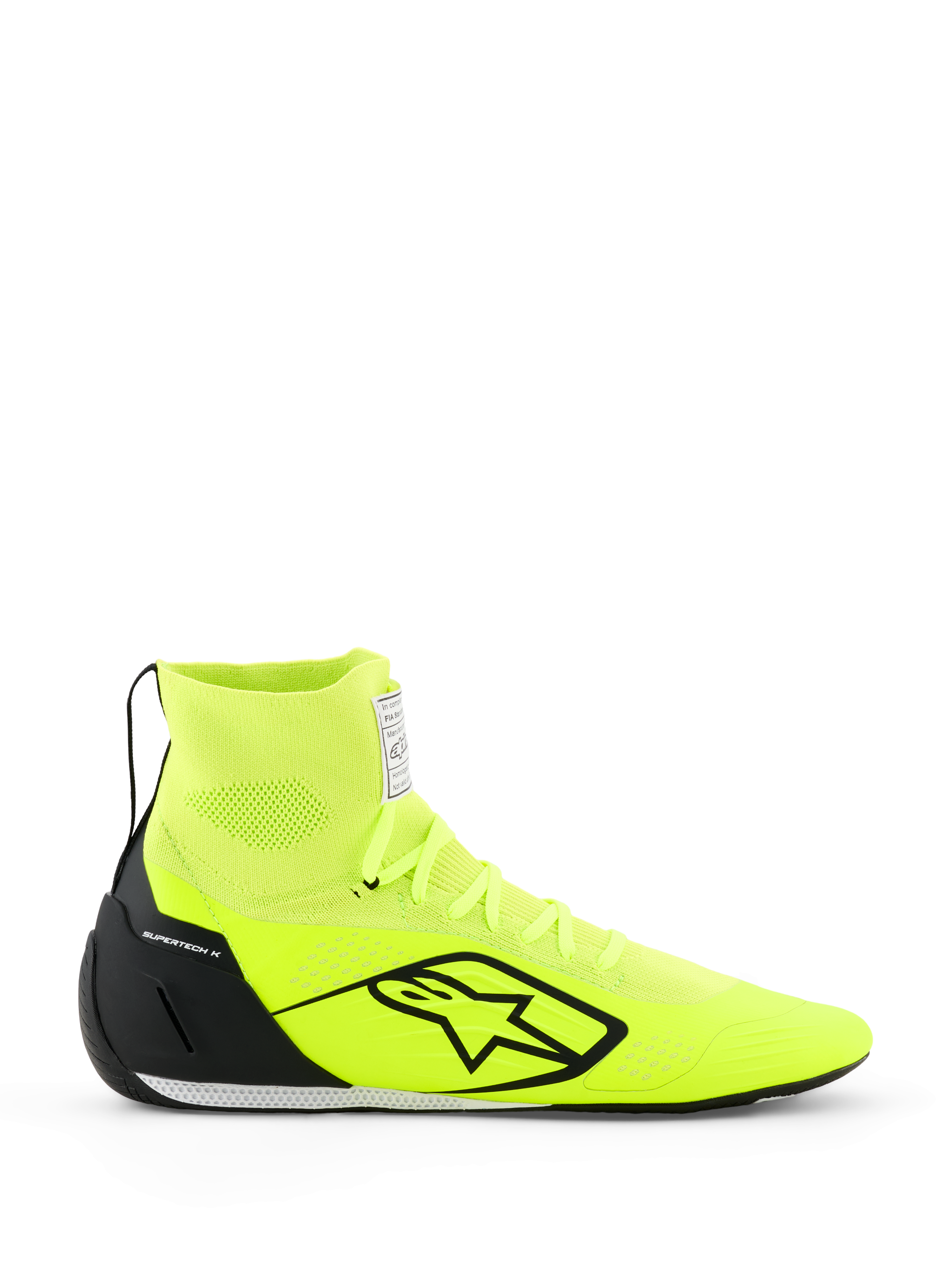 Sapatos Alpinestars Supertech K - FIA, sapatos de karting, amarelo néon e preto, vista de perfil lateral, parte superior totalmente tricotada com cano alto, contraforte de calcanhar em TPU preto, logótipo Alpinestars preto grande, calçado de corrida leve