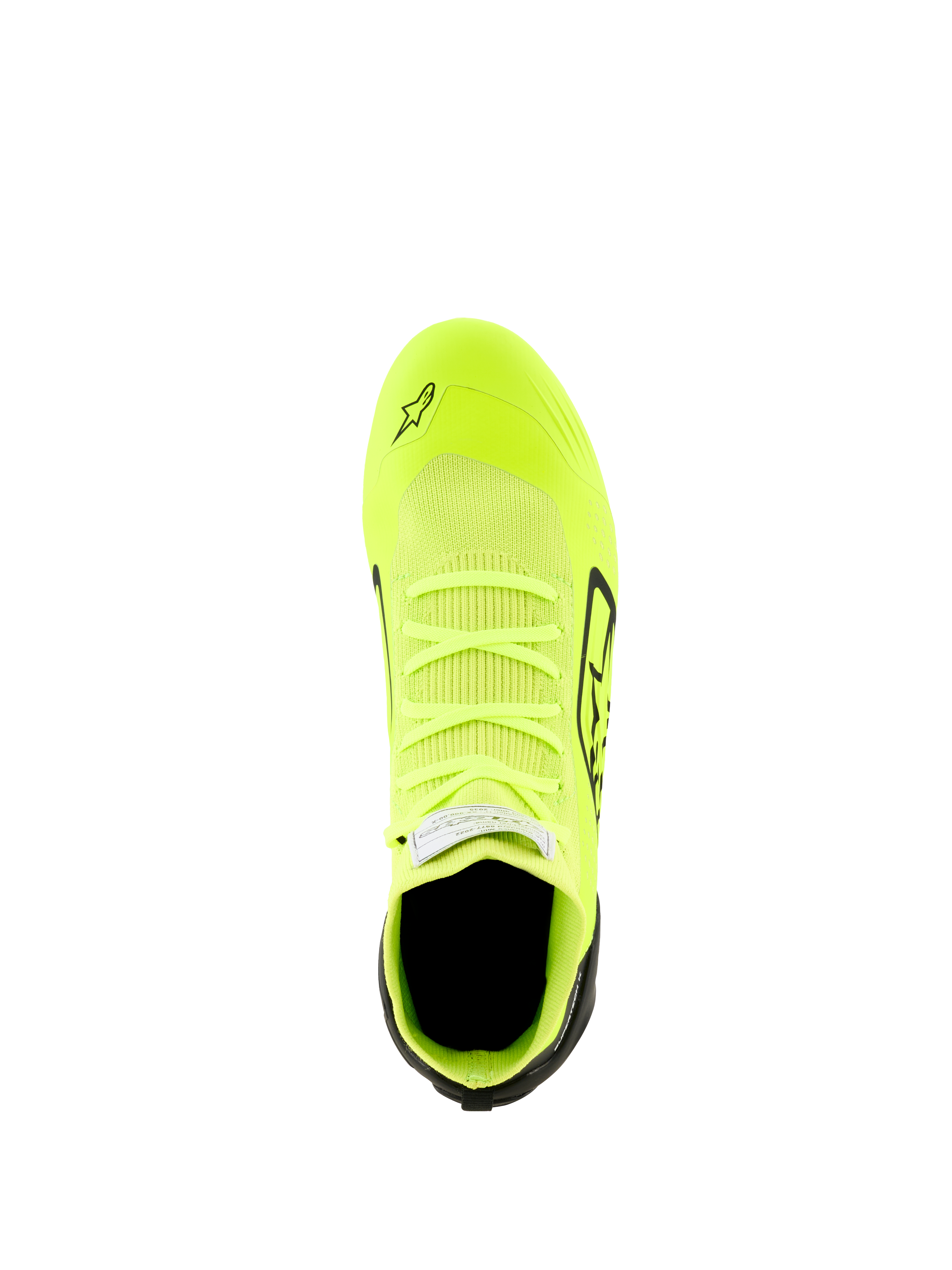 Alpinestars Supertech K Shoes - FIA, sapatos de karting, amarelo fluo, preto e branco, vista superior com parte superior totalmente tricotada, corpo em amarelo fluorescente com detalhes pretos no calcanhar e laterais, perfil aerodinâmico elegante para uma condução de precisão