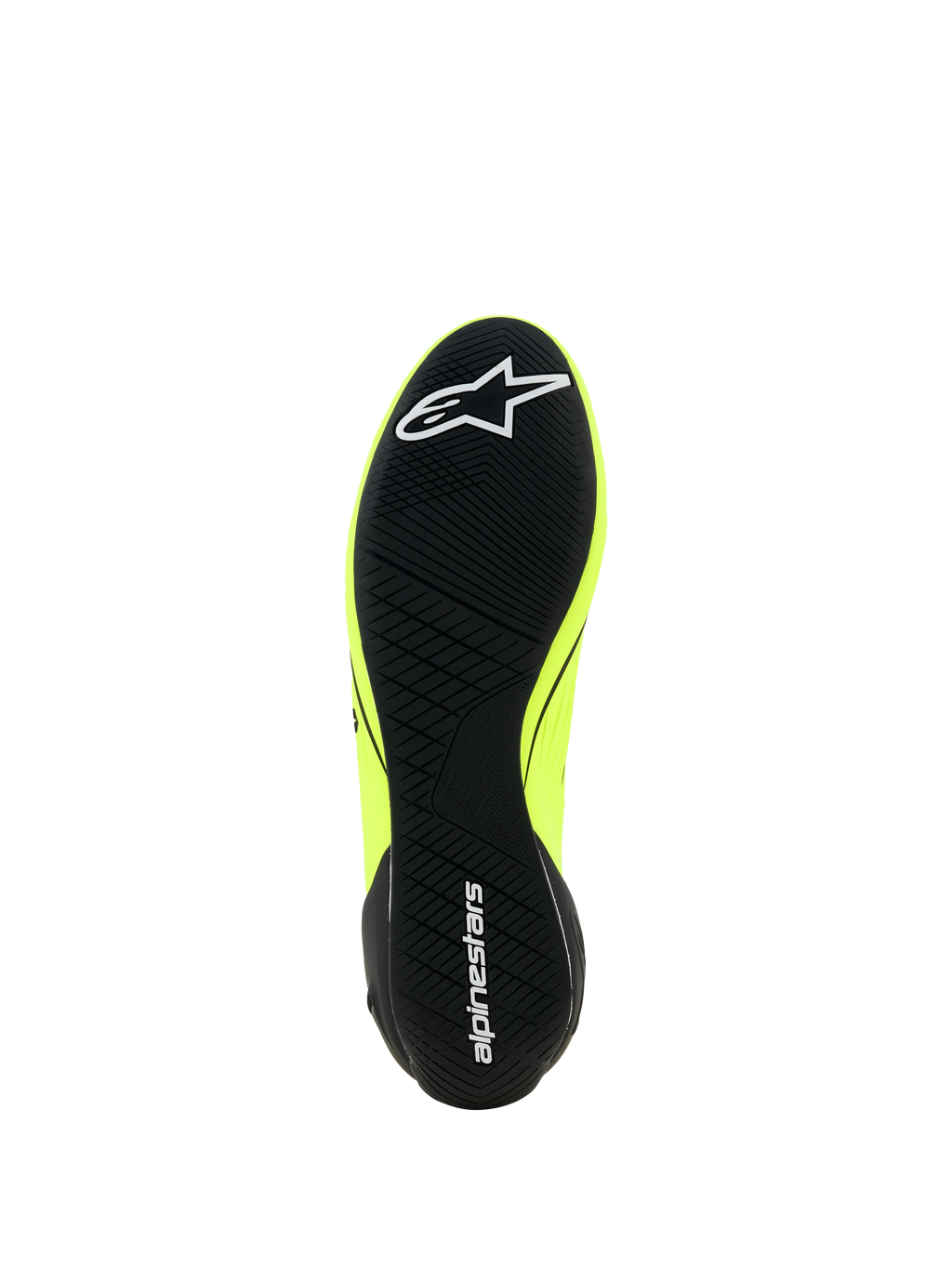Sapatos Alpinestars Supertech K - FIA, sapatos de karting, amarelo fluo, preto e branco, vista da sola com padrão de rasto assimétrico preto, logótipo da estrela branca na zona frontal e texto Alpinestars no calcanhar, sola de borracha fina para sensibilidade aos pedais