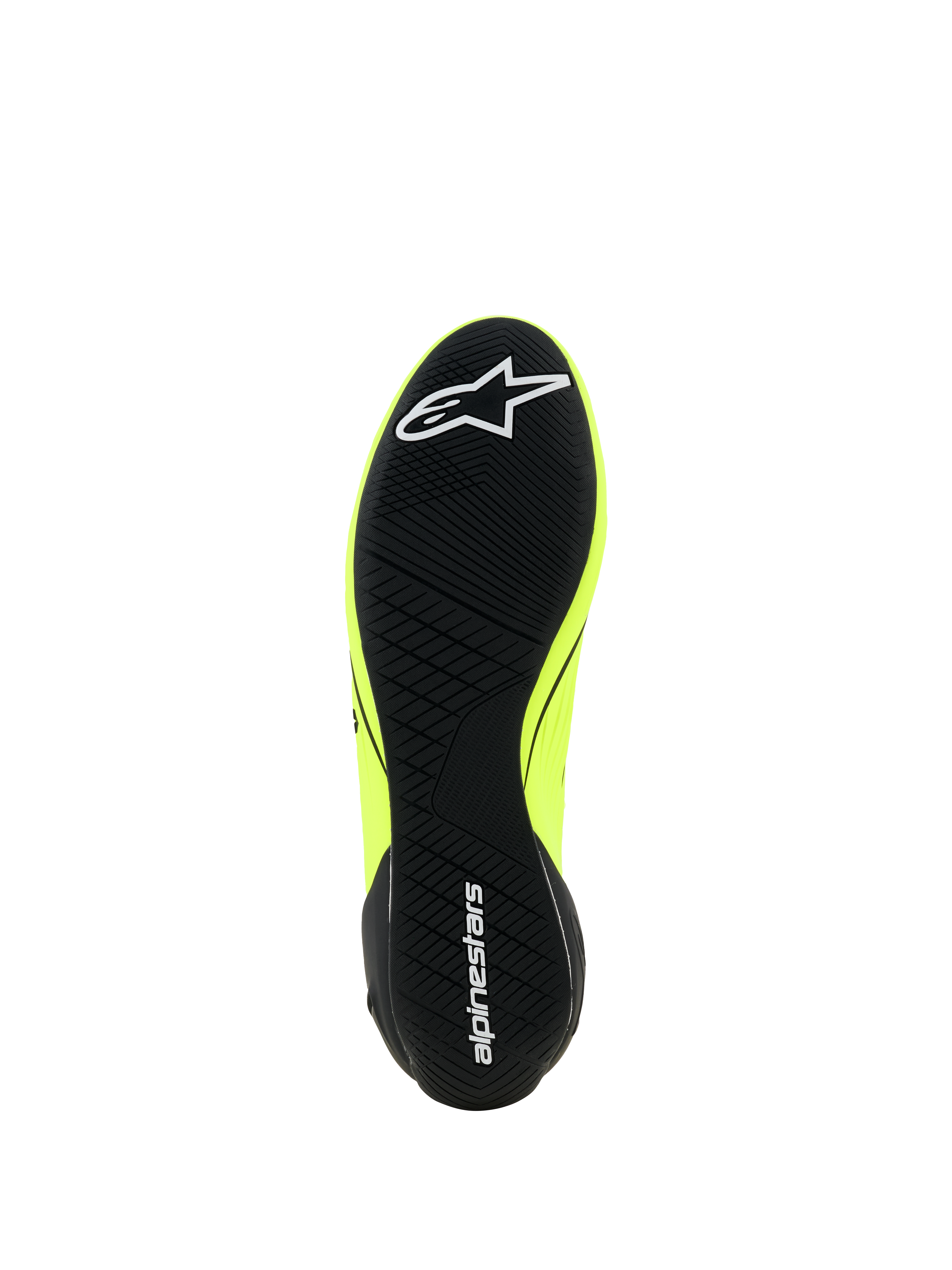 Sapatos Alpinestars Supertech K - FIA, sapatos de karting, amarelo fluo, preto e branco, vista da sola com padrão de rasto assimétrico preto, logótipo da estrela branca na zona frontal e texto Alpinestars no calcanhar, sola de borracha fina para sensibilidade aos pedais