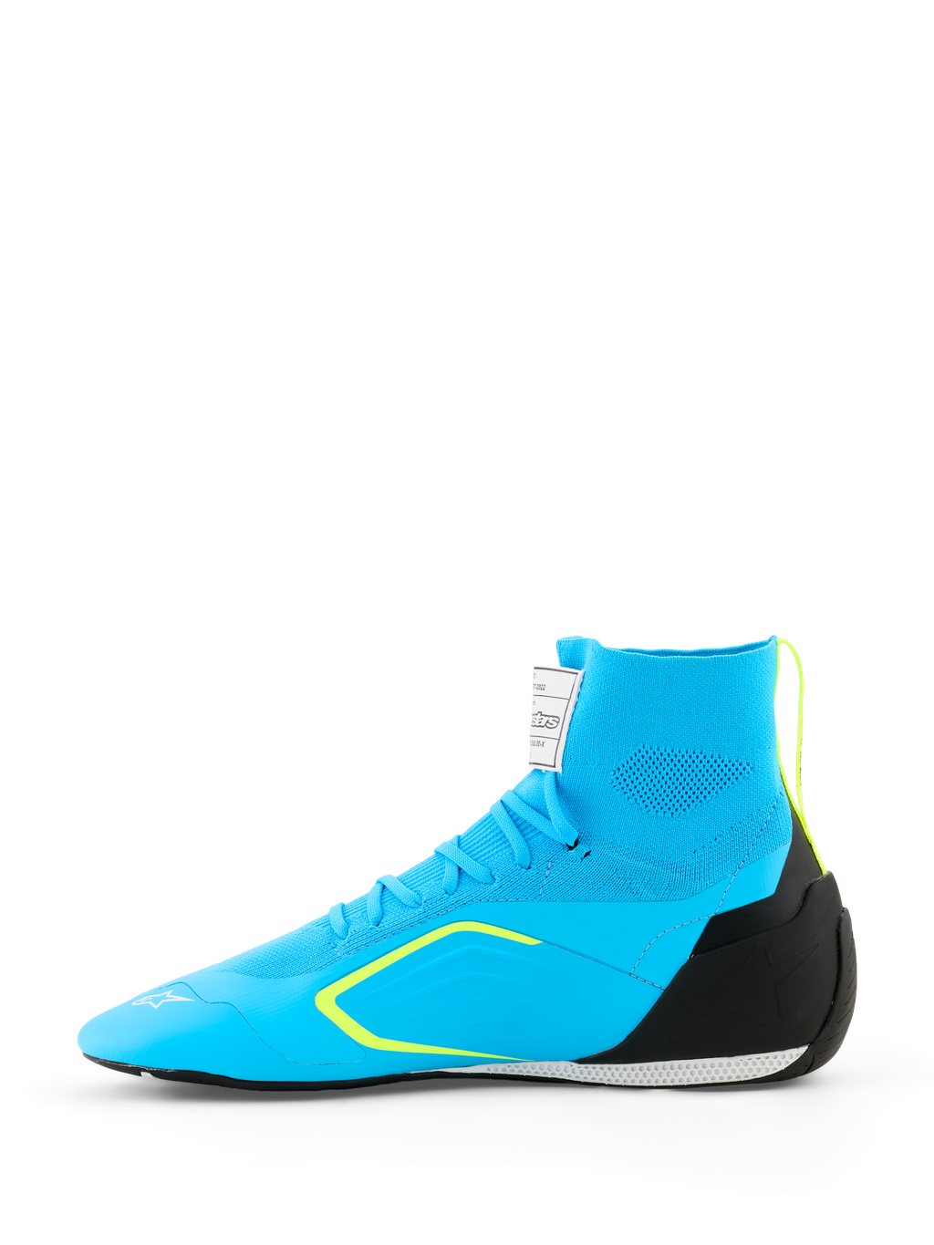 Sapatos Alpinestars Supertech K - FIA, sapatos de karting, azul claro com detalhes em preto e amarelo fluo, vista lateral com construção superior em malha tricotada, contraforte de calcanhar em TPU e sola de corrida fina