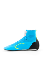 Sapatos Alpinestars Supertech K - FIA, sapatos de karting, azul claro com detalhes em preto e amarelo fluo, vista lateral com construção superior em malha tricotada, contraforte de calcanhar em TPU e sola de corrida fina
