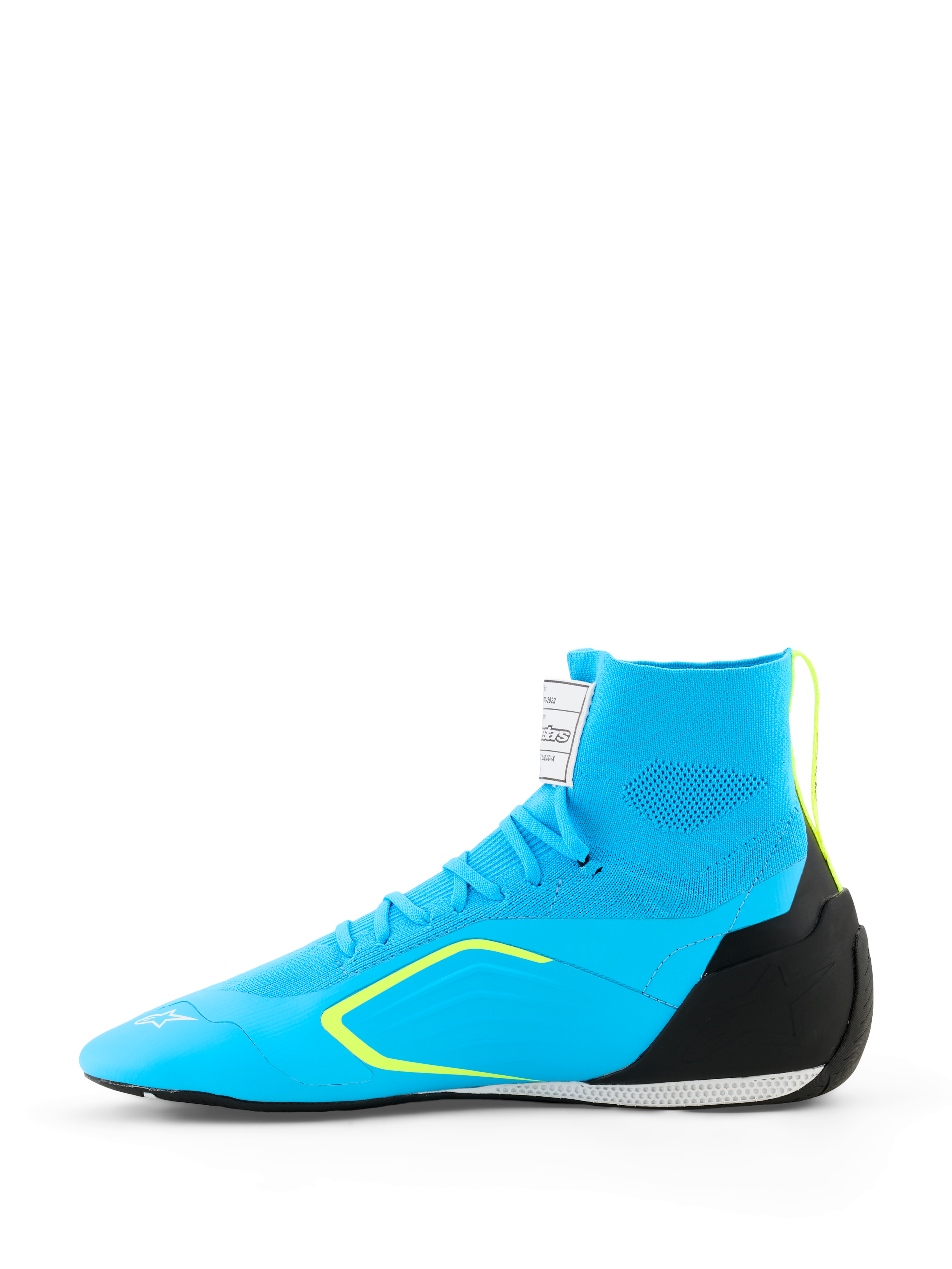 Sapatos Alpinestars Supertech K - FIA, sapatos de karting, azul claro com detalhes em preto e amarelo fluo, vista lateral com construção superior em malha tricotada, contraforte de calcanhar em TPU e sola de corrida fina