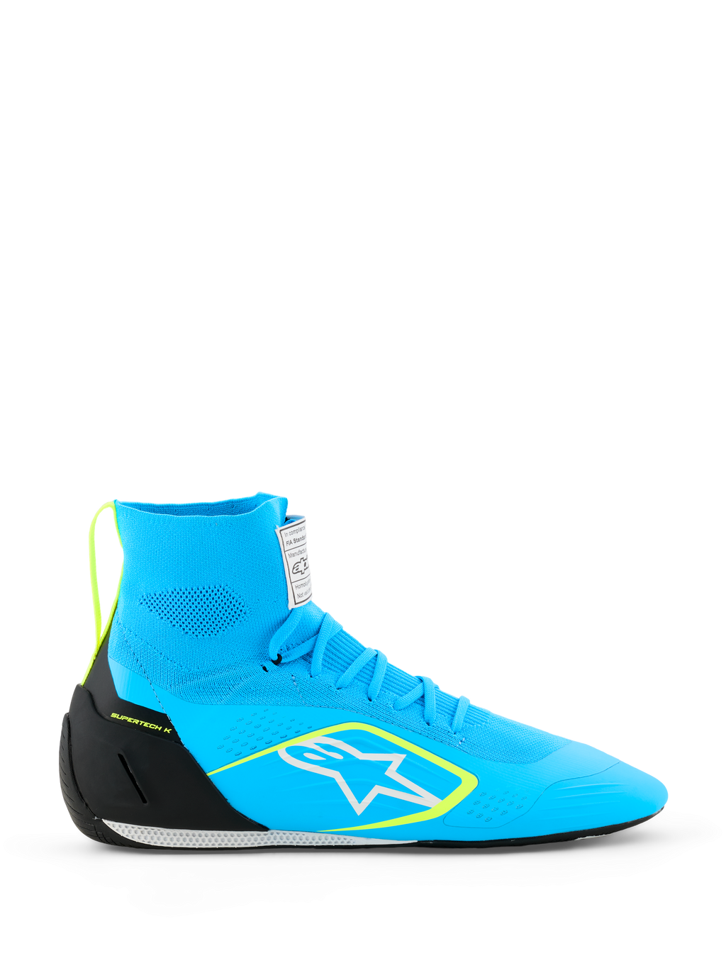 Alpinestars Supertech K Shoes FIA, sapatos de corrida de karting, azul claro com detalhes em preto e amarelo fluo, design de cano alto com parte superior totalmente tricotada, logótipo de estrela branca, calçado de corrida profissional