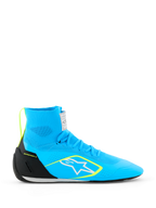 Alpinestars Supertech K Shoes FIA, sapatos de corrida de karting, azul claro com detalhes em preto e amarelo fluo, design de cano alto com parte superior totalmente tricotada, logótipo de estrela branca, calçado de corrida profissional