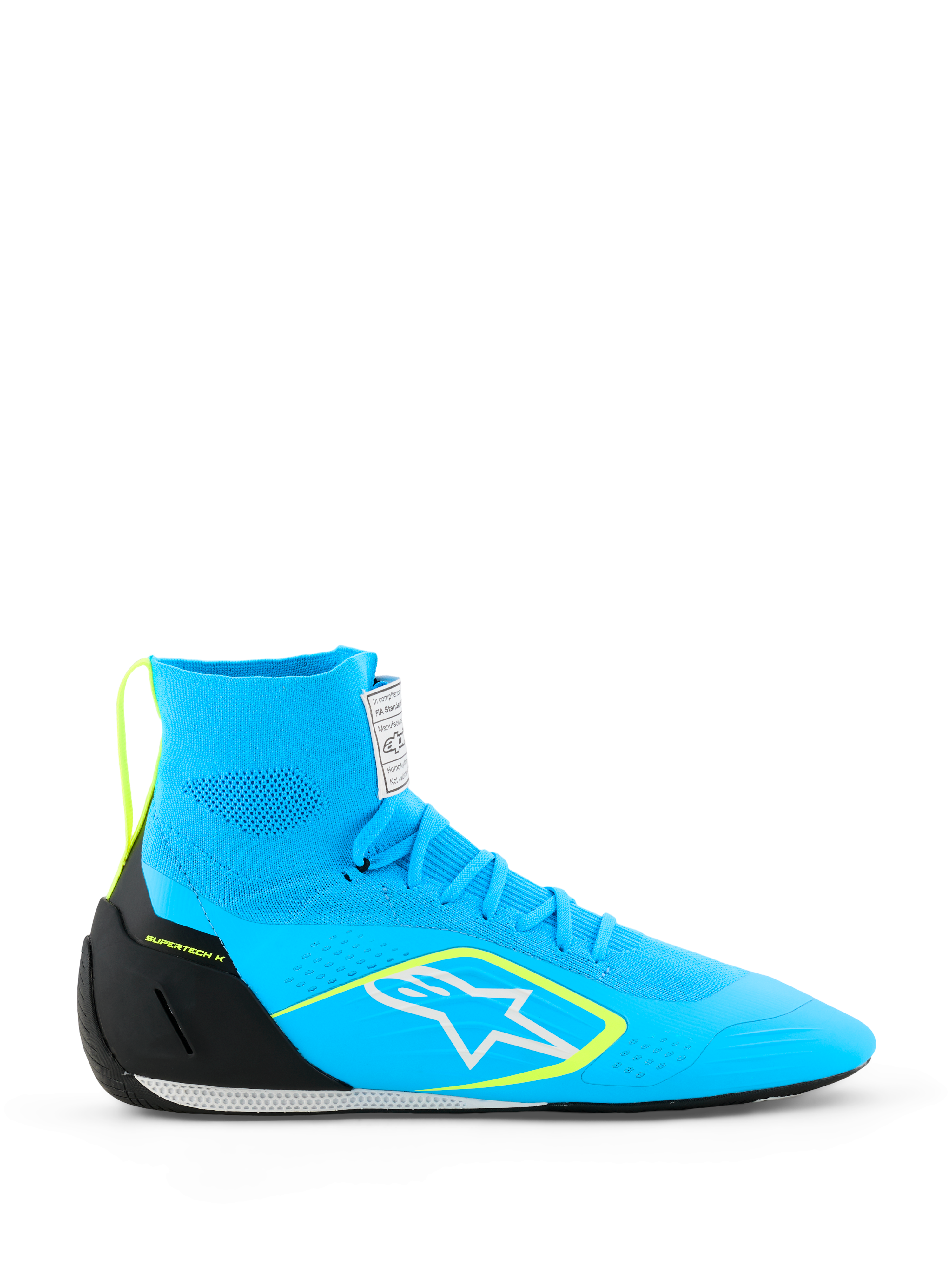 Alpinestars Supertech K Shoes FIA, sapatos de corrida de karting, azul claro com detalhes em preto e amarelo fluo, design de cano alto com parte superior totalmente tricotada, logótipo de estrela branca, calçado de corrida profissional
