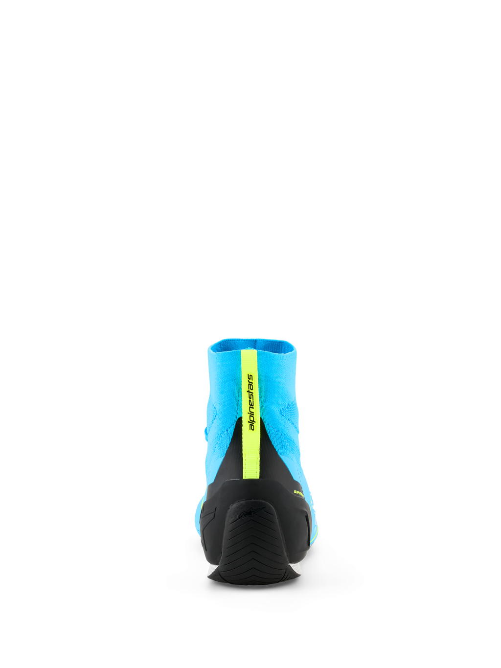 Sapatos Alpinestars Supertech K - FIA, sapatos de karting, azul claro e preto com amarelo fluorescente, vista traseira com contraforte de calcanhar em TPU injetado e tira vertical amarela fluorescente com a marca, construção superior em malha tricotada leve