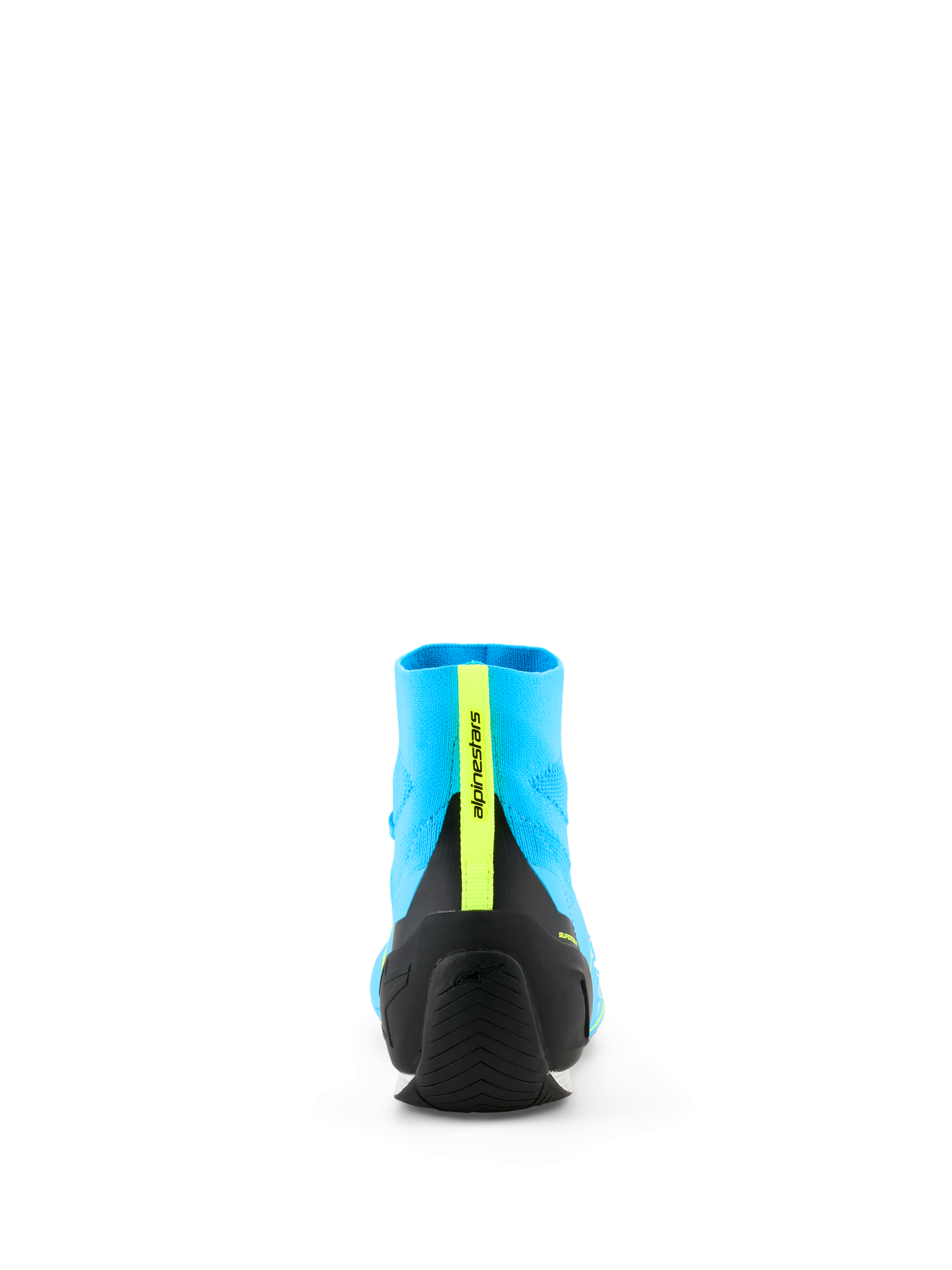 Sapatos Alpinestars Supertech K - FIA, sapatos de karting, azul claro e preto com amarelo fluorescente, vista traseira com contraforte de calcanhar em TPU injetado e tira vertical amarela fluorescente com a marca, construção superior em malha tricotada leve