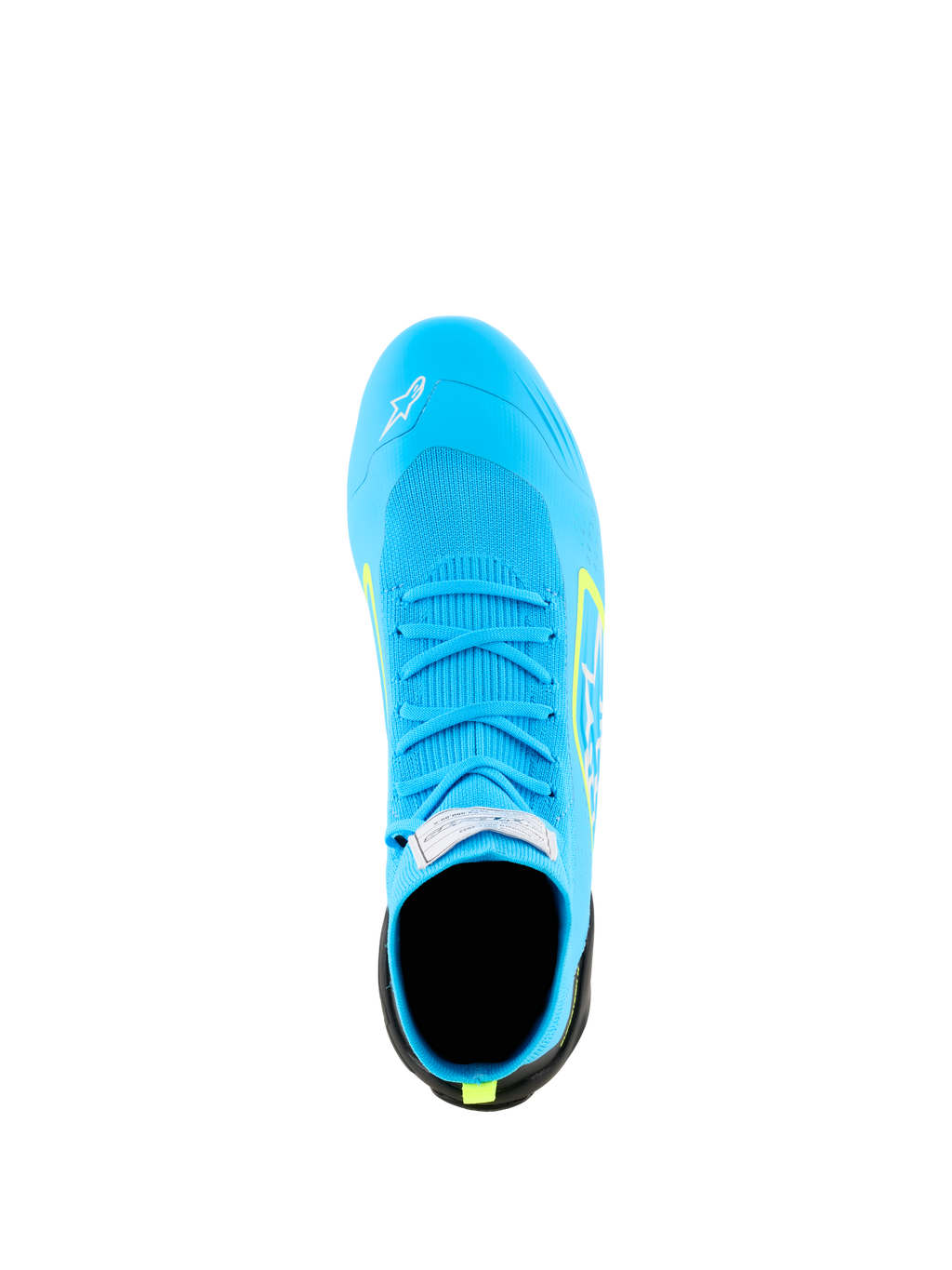 Alpinestars Supertech K Shoes - FIA, sapatos de karting, azul claro com detalhes em amarelo fluo, vista superior mostrando a parte superior totalmente tricotada, atacadores azuis a condizer e etiqueta de certificação FIA na língua