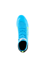 Alpinestars Supertech K Shoes - FIA, sapatos de karting, azul claro com detalhes em amarelo fluo, vista superior mostrando a parte superior totalmente tricotada, atacadores azuis a condizer e etiqueta de certificação FIA na língua