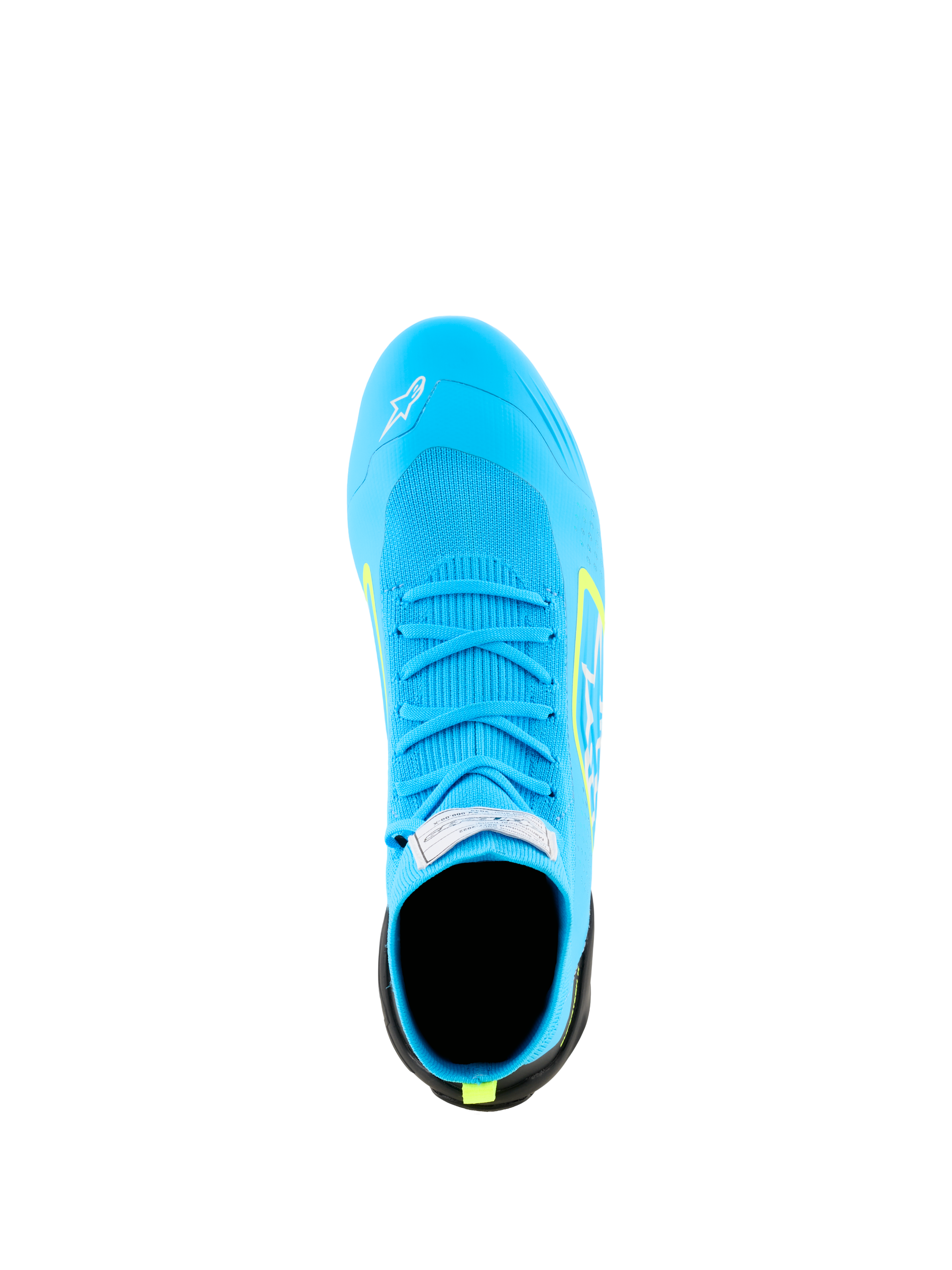 Alpinestars Supertech K Shoes - FIA, sapatos de karting, azul claro com detalhes em amarelo fluo, vista superior mostrando a parte superior totalmente tricotada, atacadores azuis a condizer e etiqueta de certificação FIA na língua