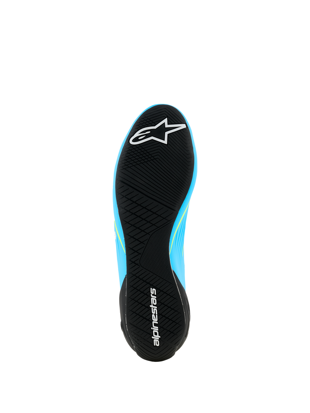 Sapatos Alpinestars Supertech K - FIA, sapatos de karting, azul claro e preto com pormenores em amarelo fluo, vista inferior da sola exterior de borracha ultrafina com rasto assimétrico e logótipo Alpinestars