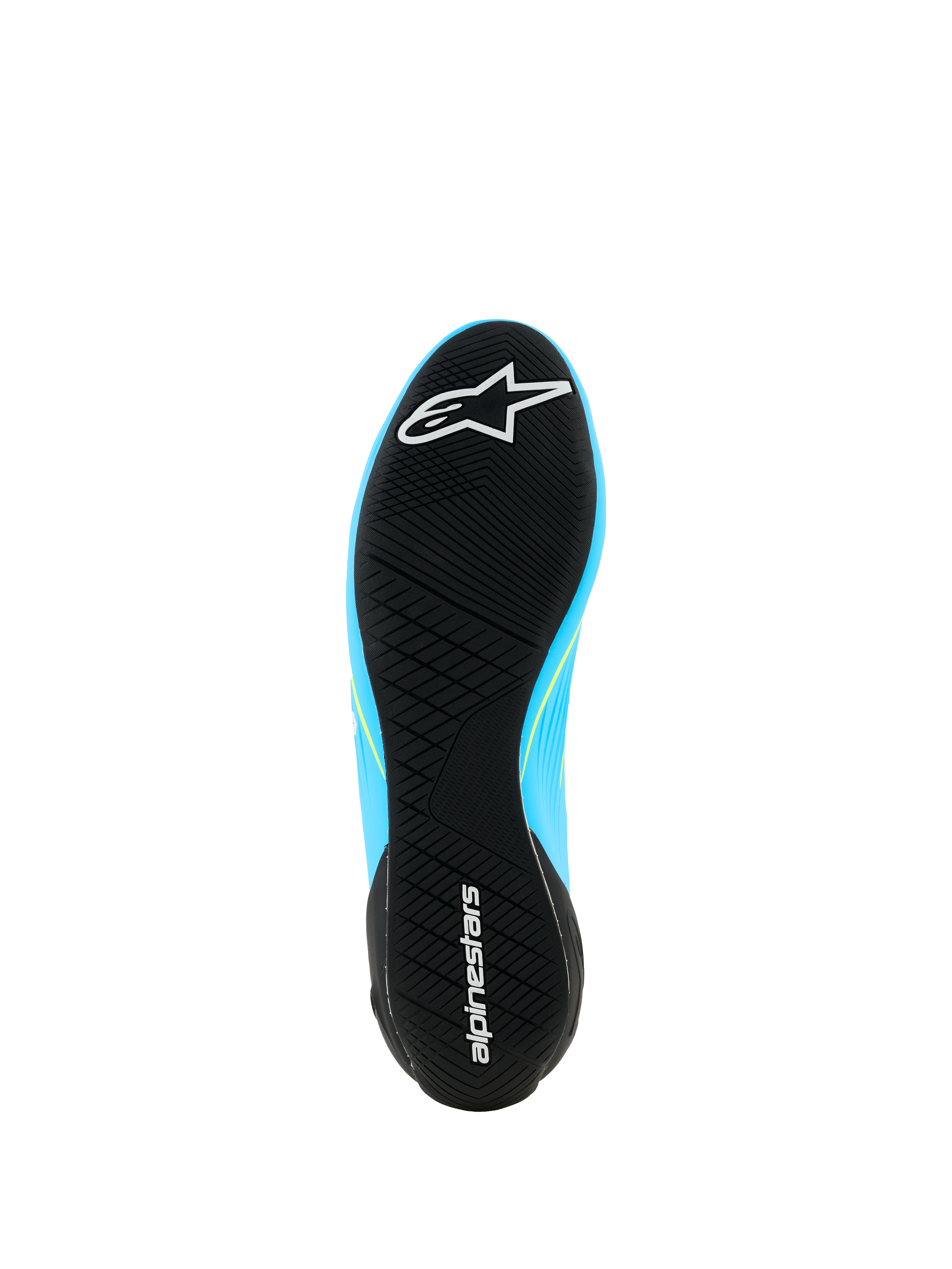 Sapatos Alpinestars Supertech K - FIA, sapatos de karting, azul claro e preto com pormenores em amarelo fluo, vista inferior da sola exterior de borracha ultrafina com rasto assimétrico e logótipo Alpinestars