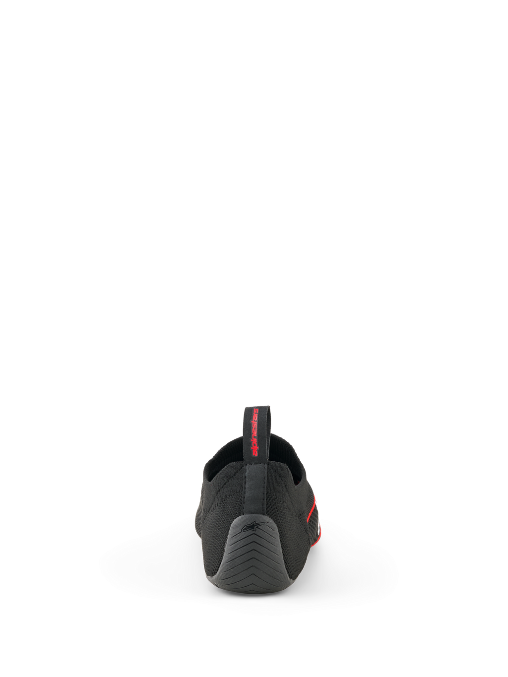 Sapatos Alpinestars Tech Gaming, pretos, vista traseira mostrando a parte superior em malha sem costuras, calcanhar de borracha texturizado com logótipo de estrela e aba traseira com marca vermelha, calçado de SIM-racing