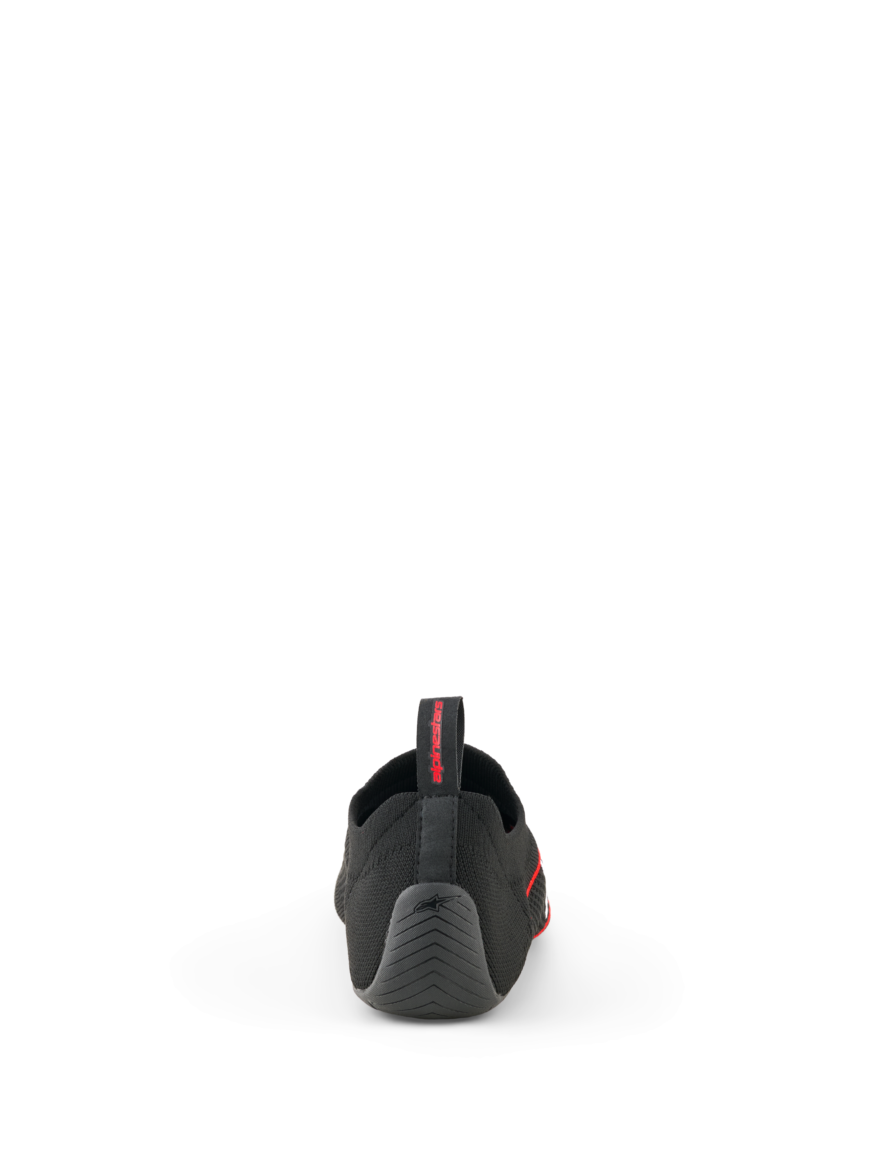 Sapatos Alpinestars Tech Gaming, pretos, vista traseira mostrando a parte superior em malha sem costuras, calcanhar de borracha texturizado com logótipo de estrela e aba traseira com marca vermelha, calçado de SIM-racing