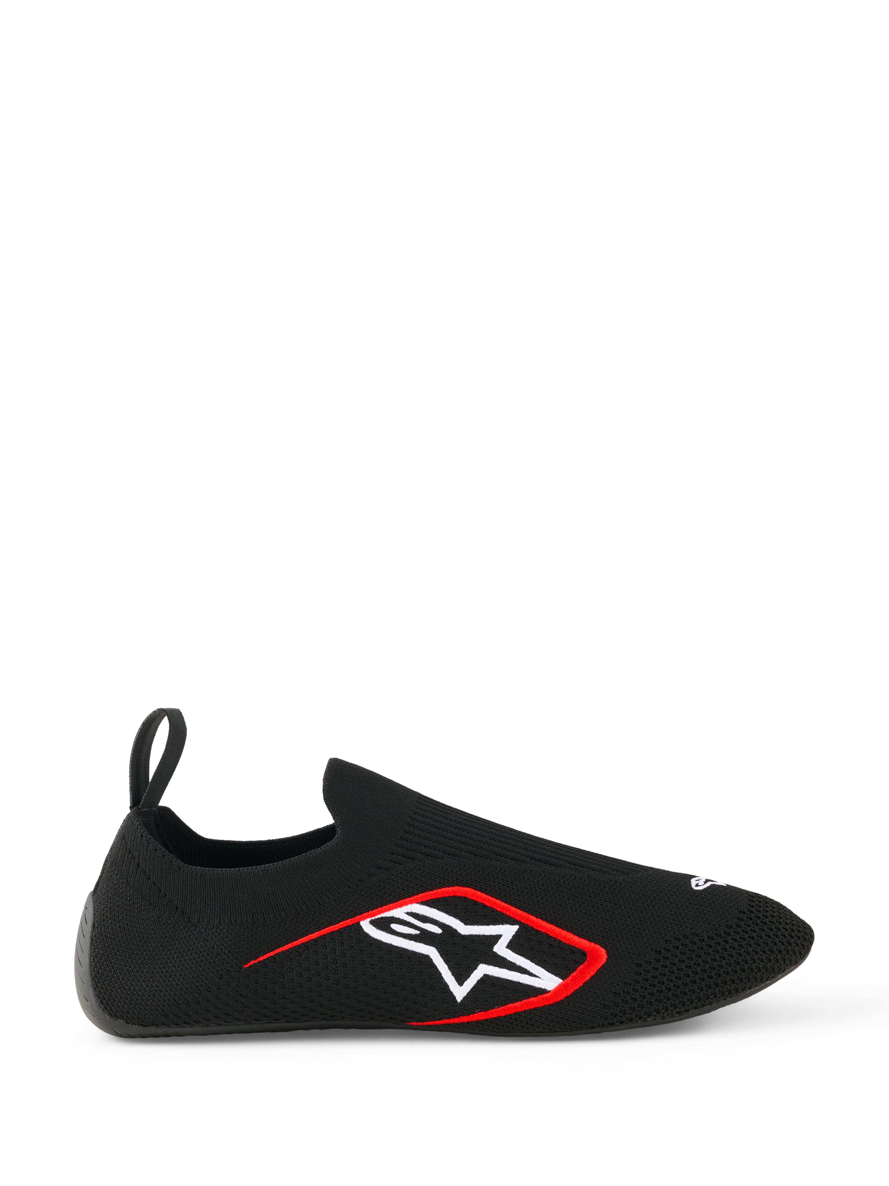 Alpinestars Tech Gaming Shoes, sapatos de SIM-racing, pretos, perfil lateral com parte superior em malha elástica sem costuras, logótipo da estrela Alpinestars branco com rebordo vermelho, aba traseira, ajuste tipo meia para corridas virtuais