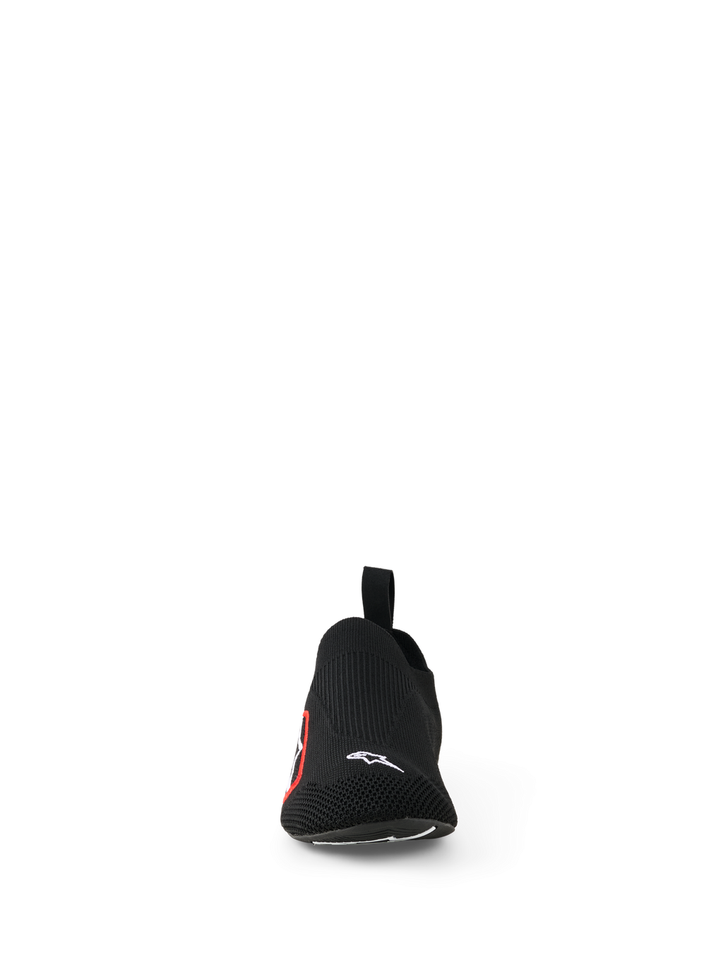 Sapatos Alpinestars Tech Gaming, calçado para Sim Racing, Pretos, vista frontal com parte superior em malha elástica sem costuras, pequeno logótipo Alpinestars branco na biqueira, logótipo lateral vermelho e branco, design leve para sensibilidade aos pedais e conforto