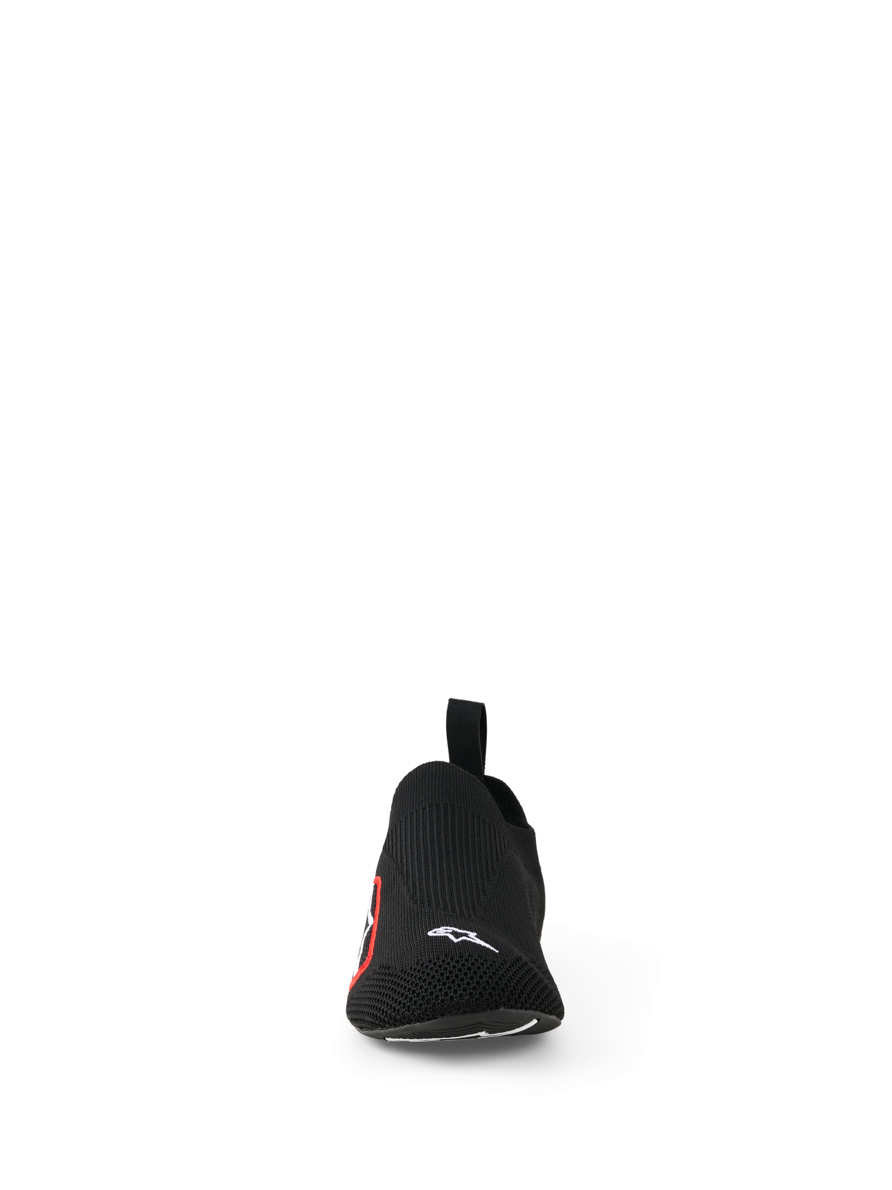 Sapatos Alpinestars Tech Gaming, calçado para Sim Racing, Pretos, vista frontal com parte superior em malha elástica sem costuras, pequeno logótipo Alpinestars branco na biqueira, logótipo lateral vermelho e branco, design leve para sensibilidade aos pedais e conforto